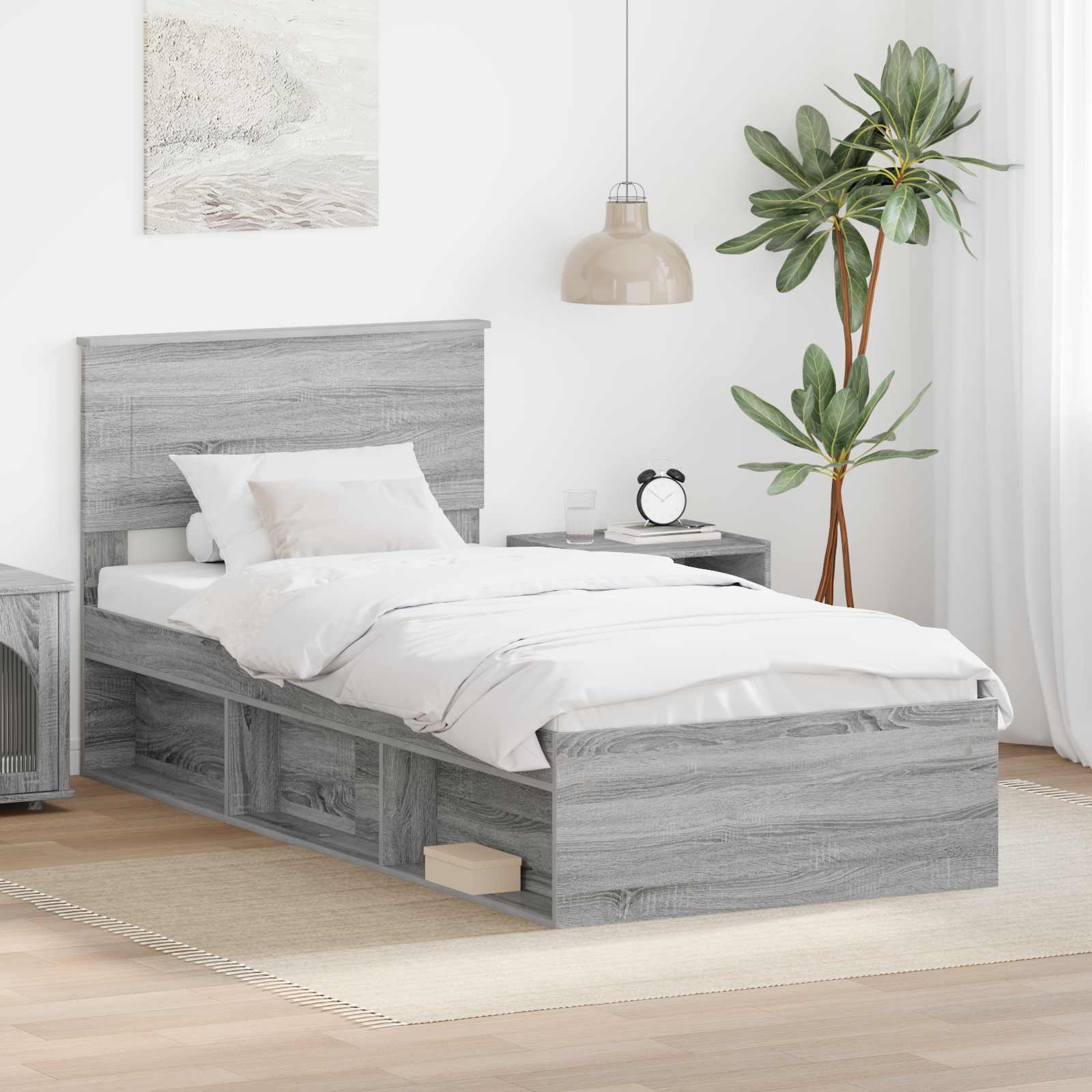 vidaXL Bedframe met hoofdeinde Beton 200 x 200 cm Bewerkt hout