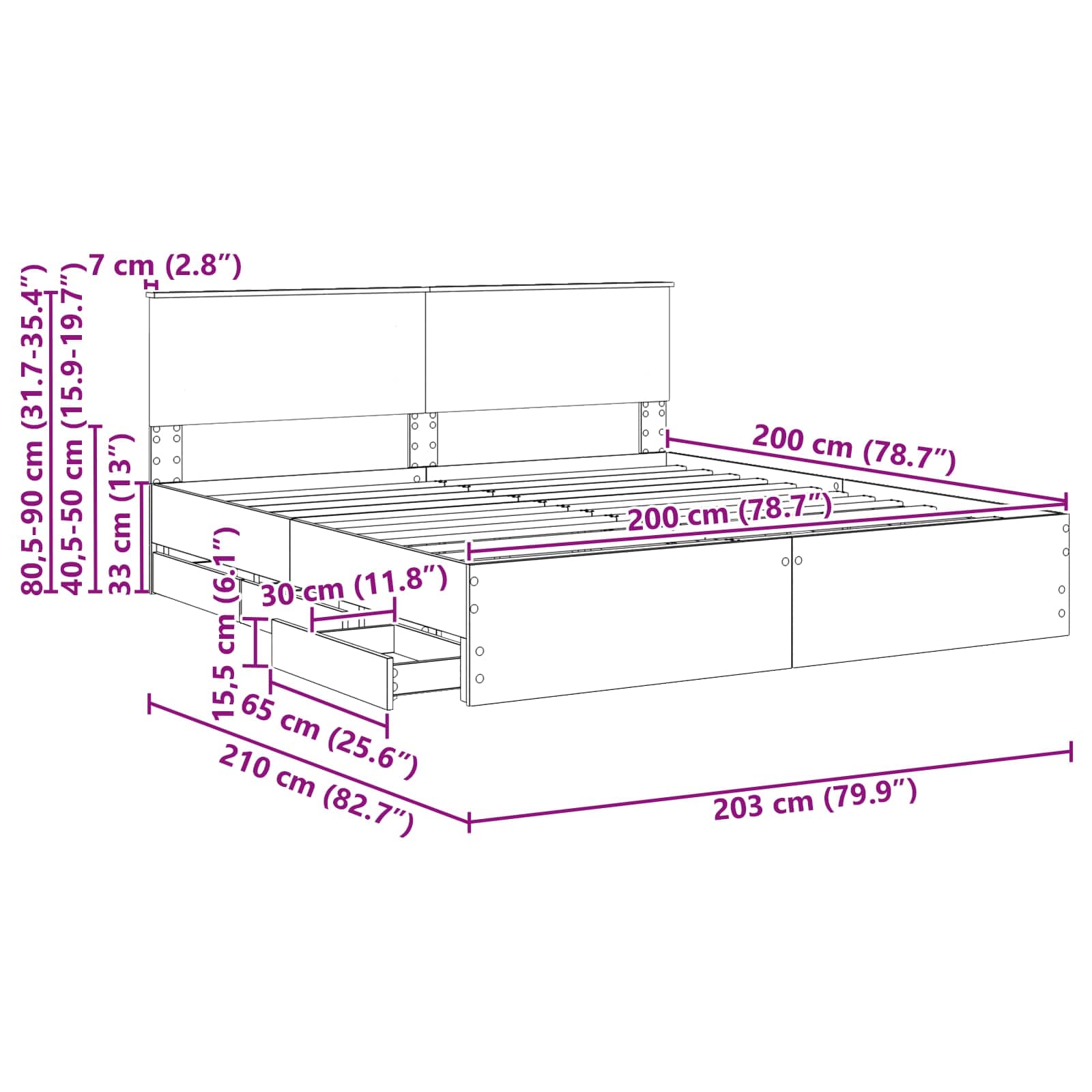 vidaXL Bedframe met lade met opslag Wit 200 x 200 cm Ingenieurshout