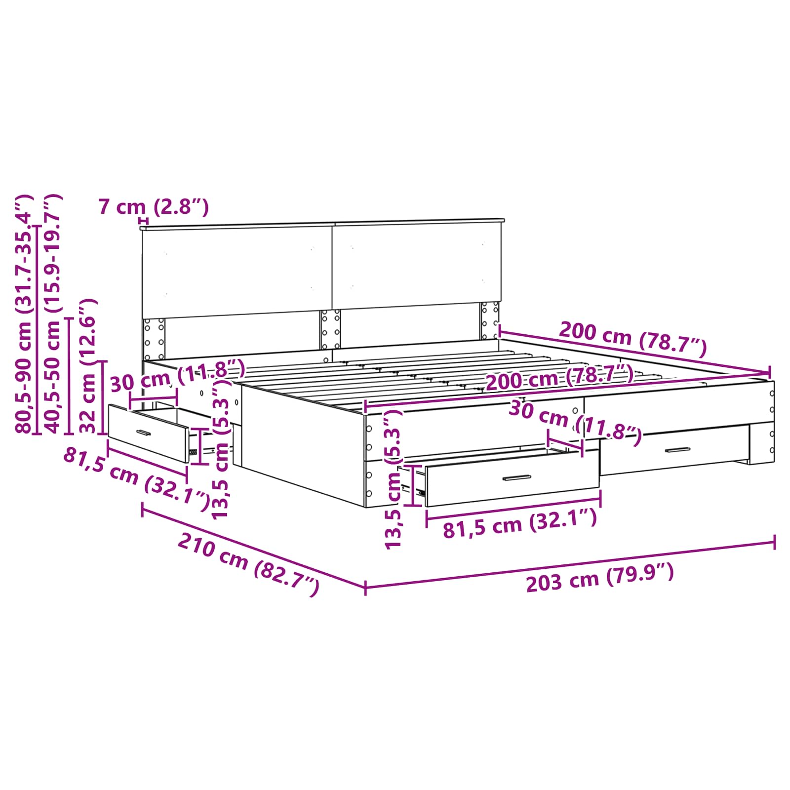 vidaXL Bedframe met lade Zwart en Zilver 200 x 200 cm Bewerkt hout