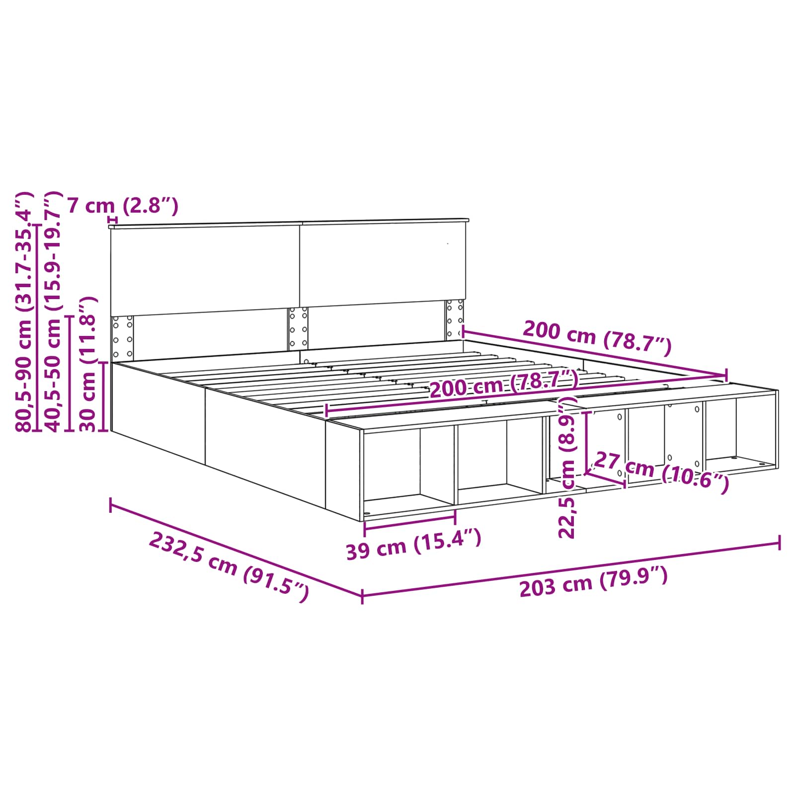 vidaXL Bedframe met plank Sonoma Eiken 200 x 200 cm Bewerkt hout