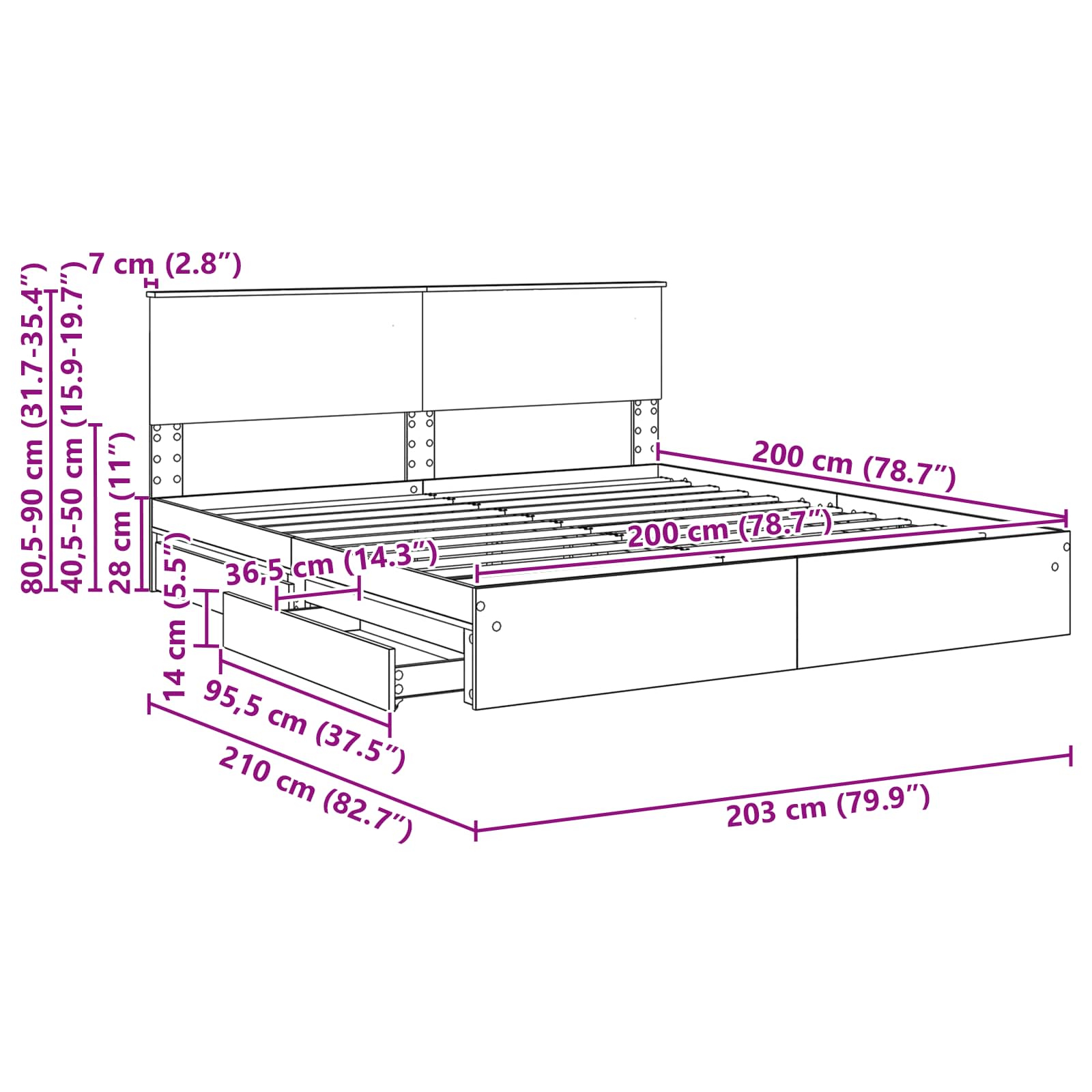 vidaXL Bedframe met lade met hoofdeinde Wit 200 x 200 cm Bewerkt hout