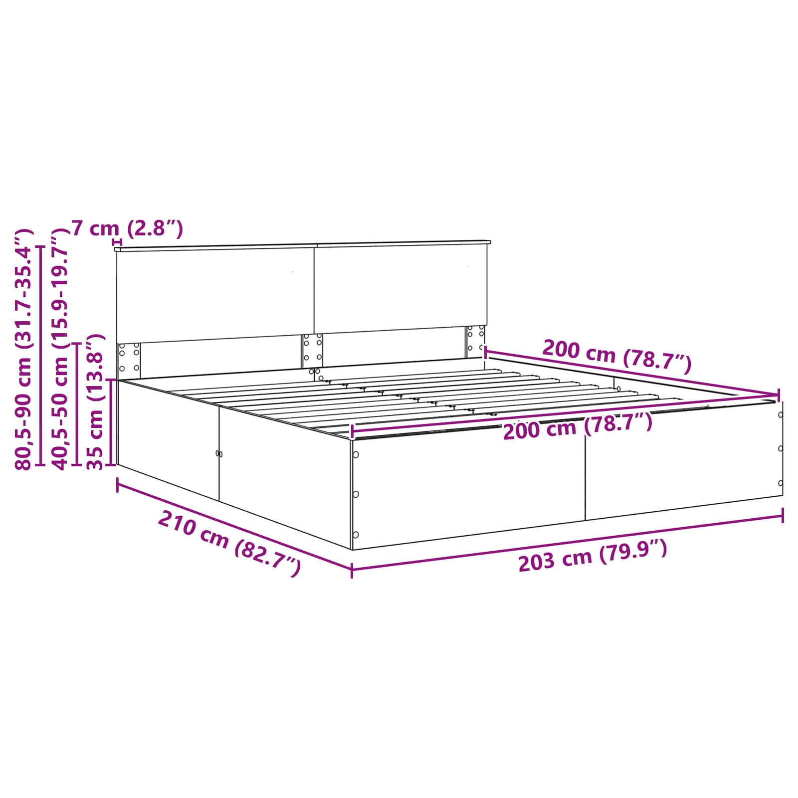 vidaXL Bedframe met hoofdeinde Zwart 200 x 200 cm Bewerkt hout
