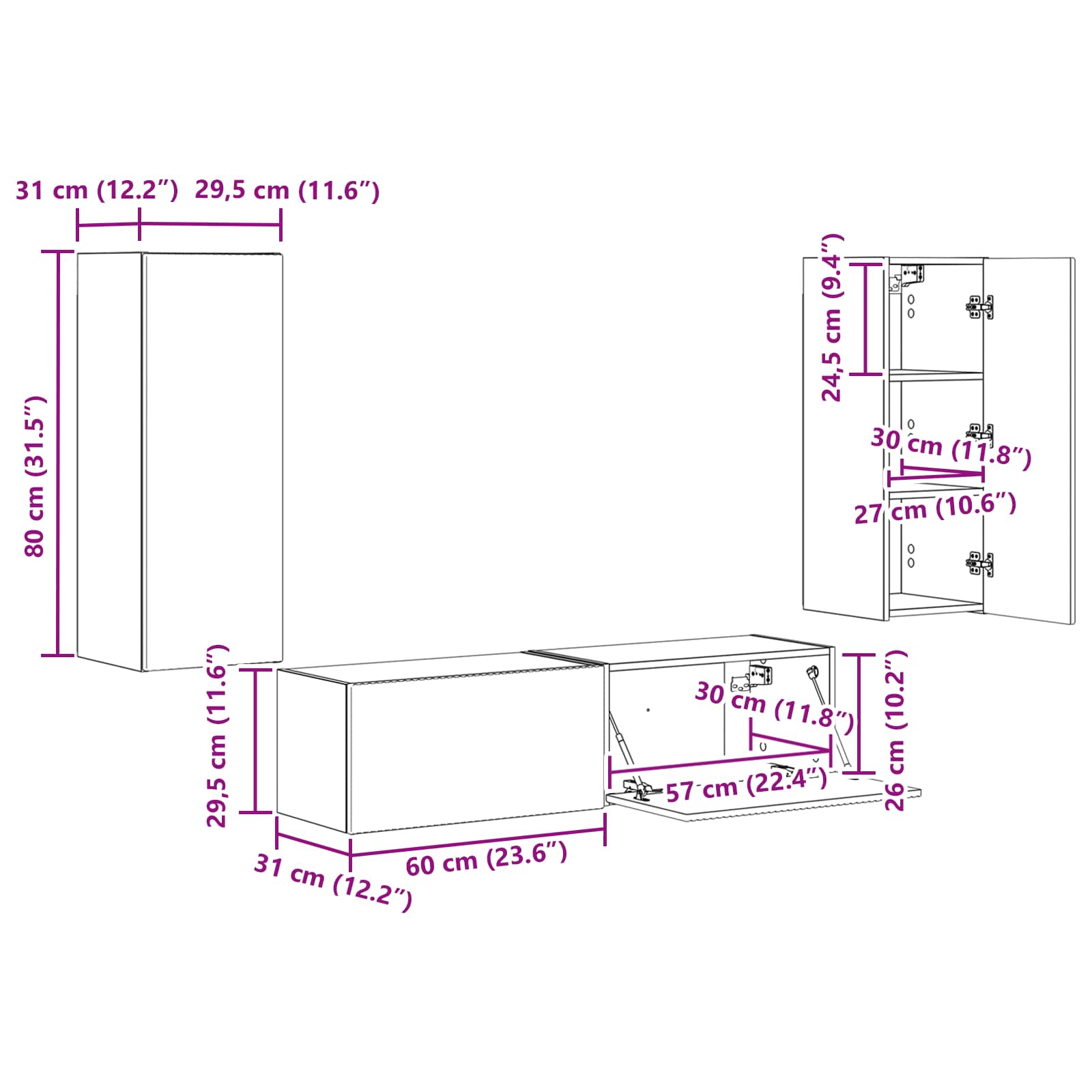 vidaXL Tv-meubelset Wandgemonteerd 2 pcs Wit Bewerkt hout