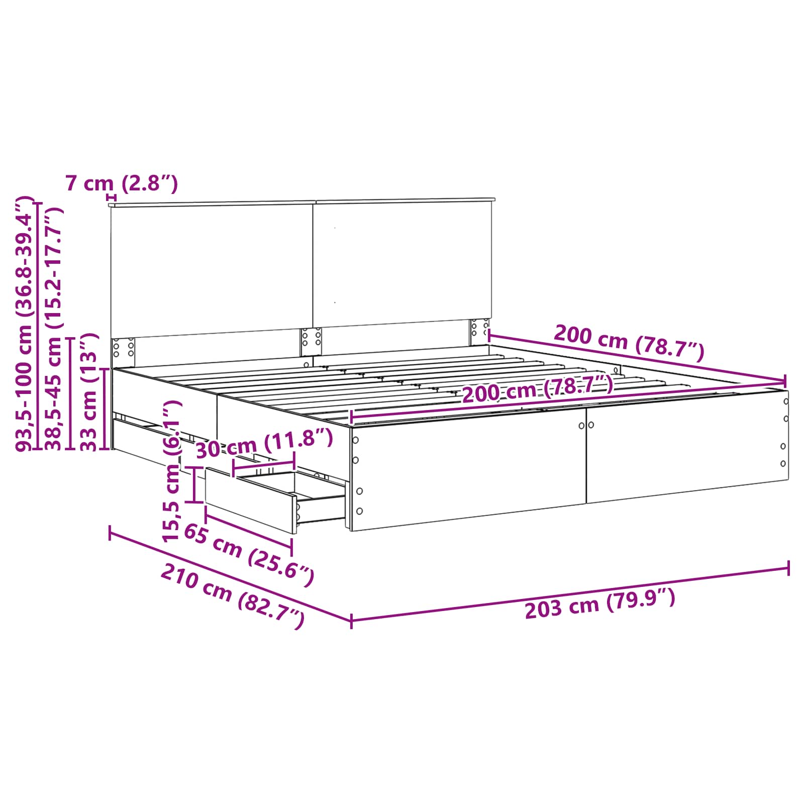 vidaXL Bedframe met lade met opslag Zwart 200 x 200 cm Ingenieurshout