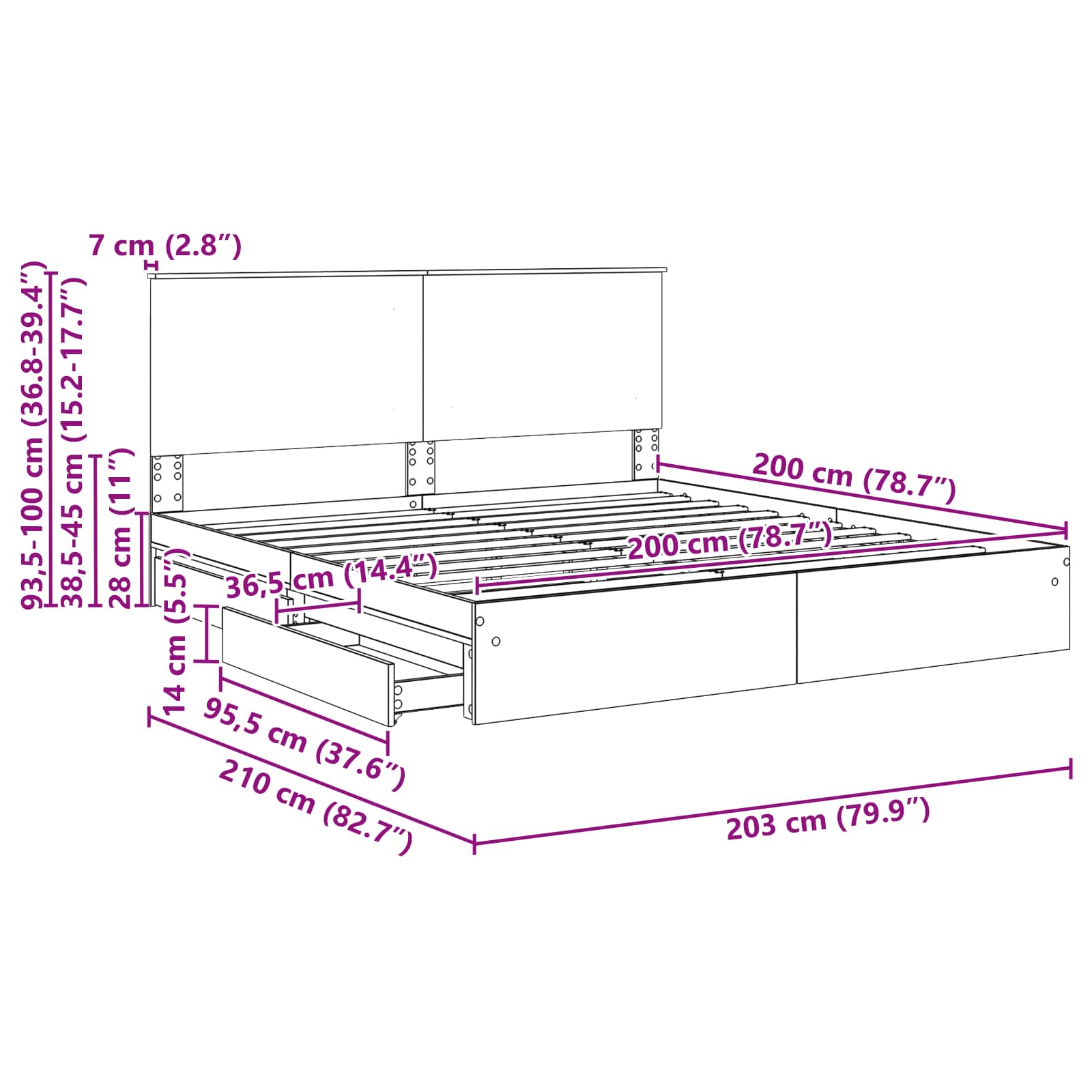 vidaXL Bedframe met lade met hoofdeinde Wit 200 x 200 cm Bewerkt hout