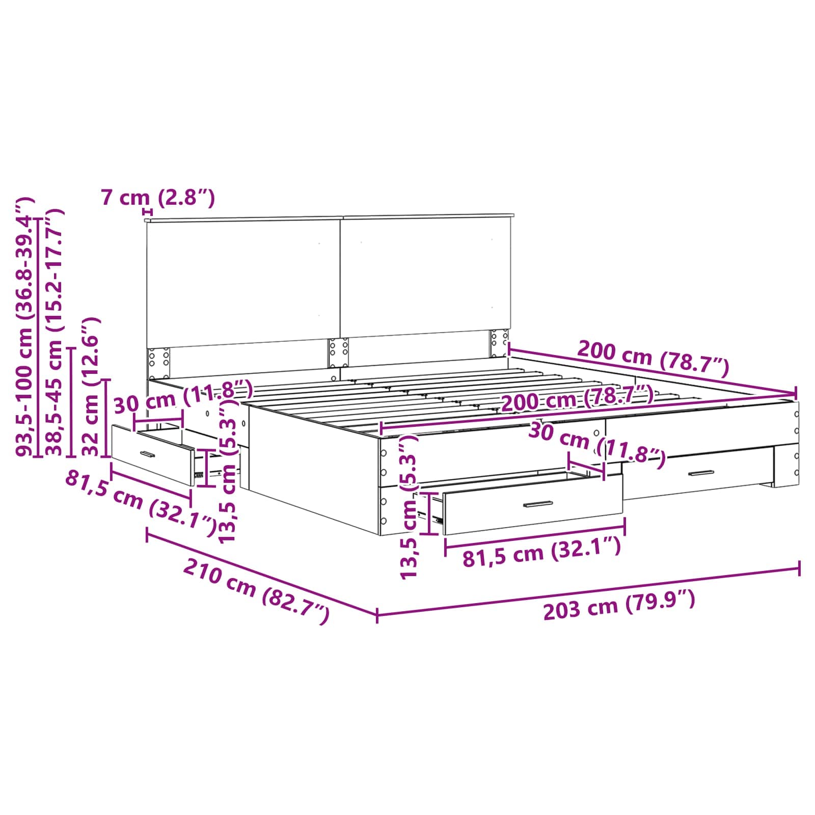 vidaXL Bedframe met lade Zwart en Zilver 200 x 200 cm Bewerkt hout