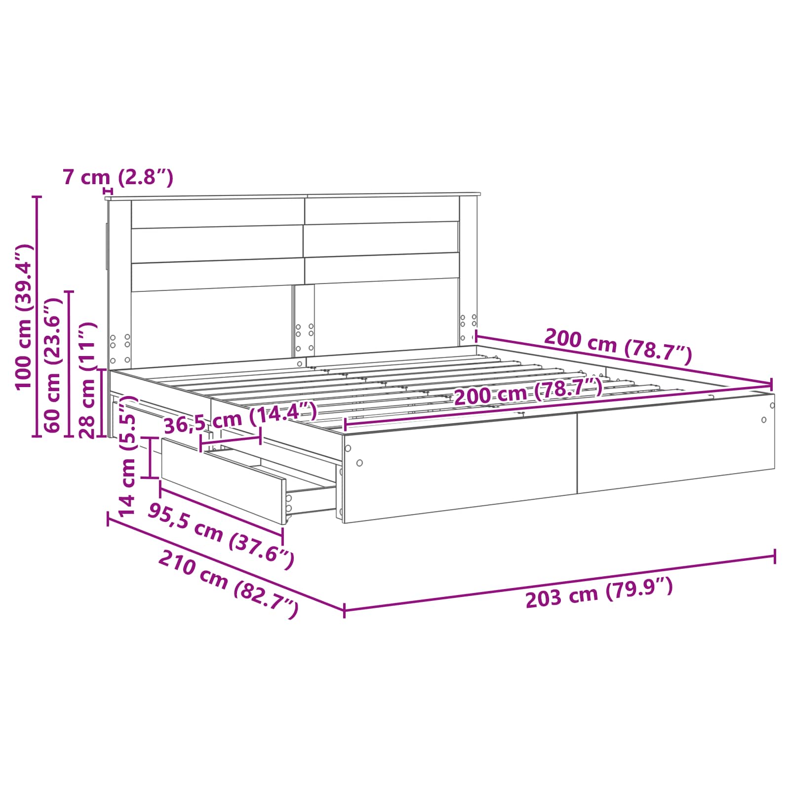 vidaXL Bedframe met lade met hoofdeinde Wit 200 x 200 cm Bewerkt hout