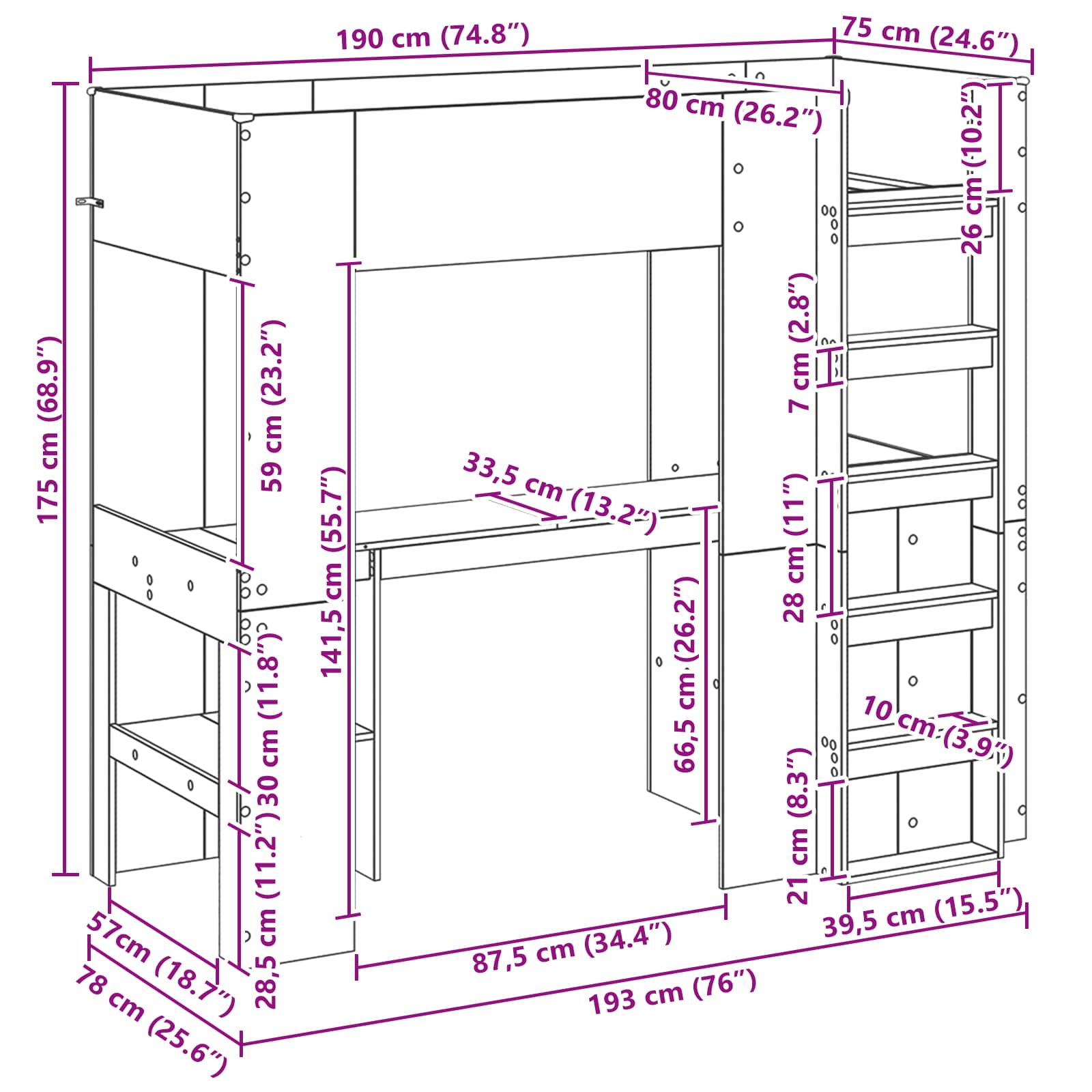 vidaXL Loft Bedframe met Bureau Wit 100 x 200 cm Bewerkt hout