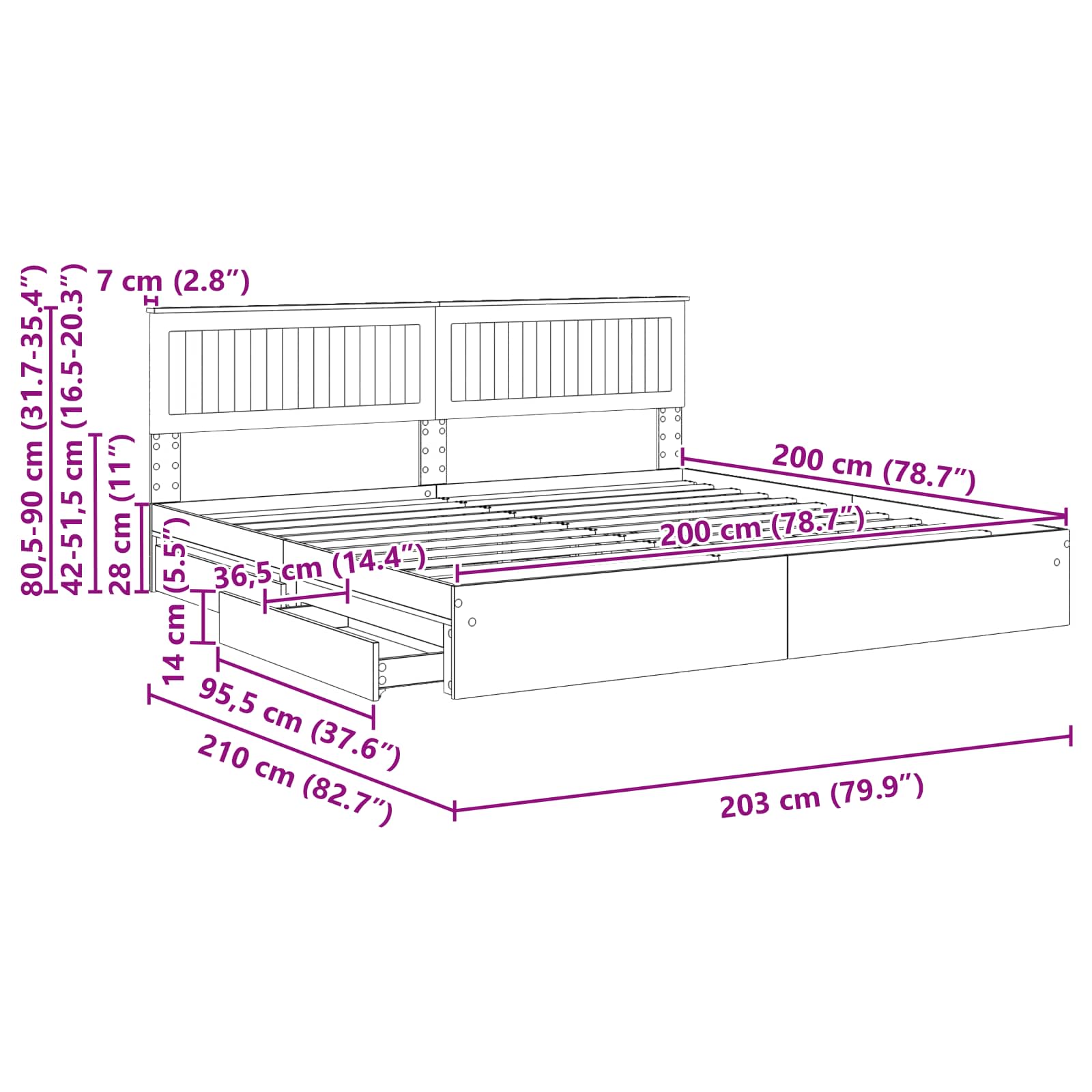 vidaXL Bedframe met lade met hoofdeinde Wit 200 x 200 cm Bewerkt hout
