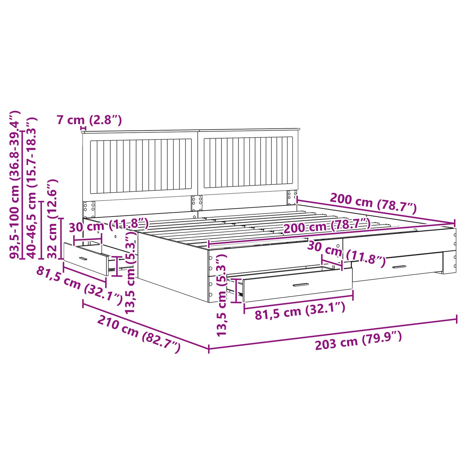 vidaXL Bedframe met lade Zwart en Zilver 200 x 200 cm Bewerkt hout