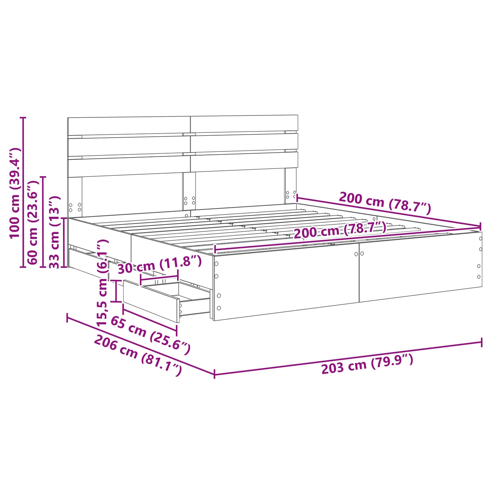 vidaXL Bedframe met lade met opslag Wit 200 x 200 cm Ingenieurshout