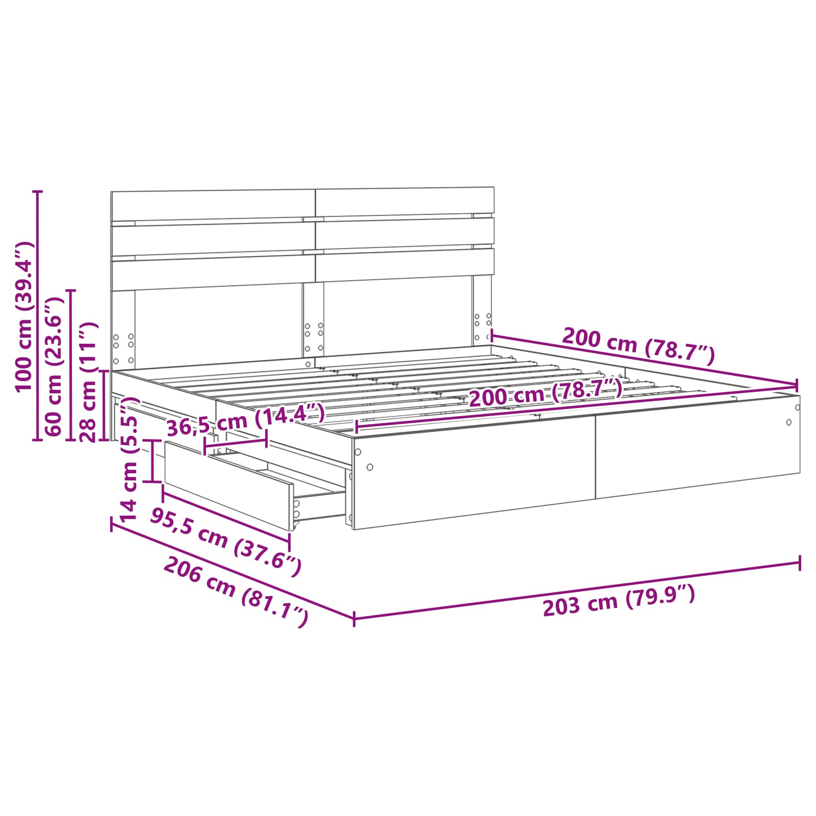 vidaXL Bedframe met lade met hoofdeinde Wit 200 x 200 cm Bewerkt hout
