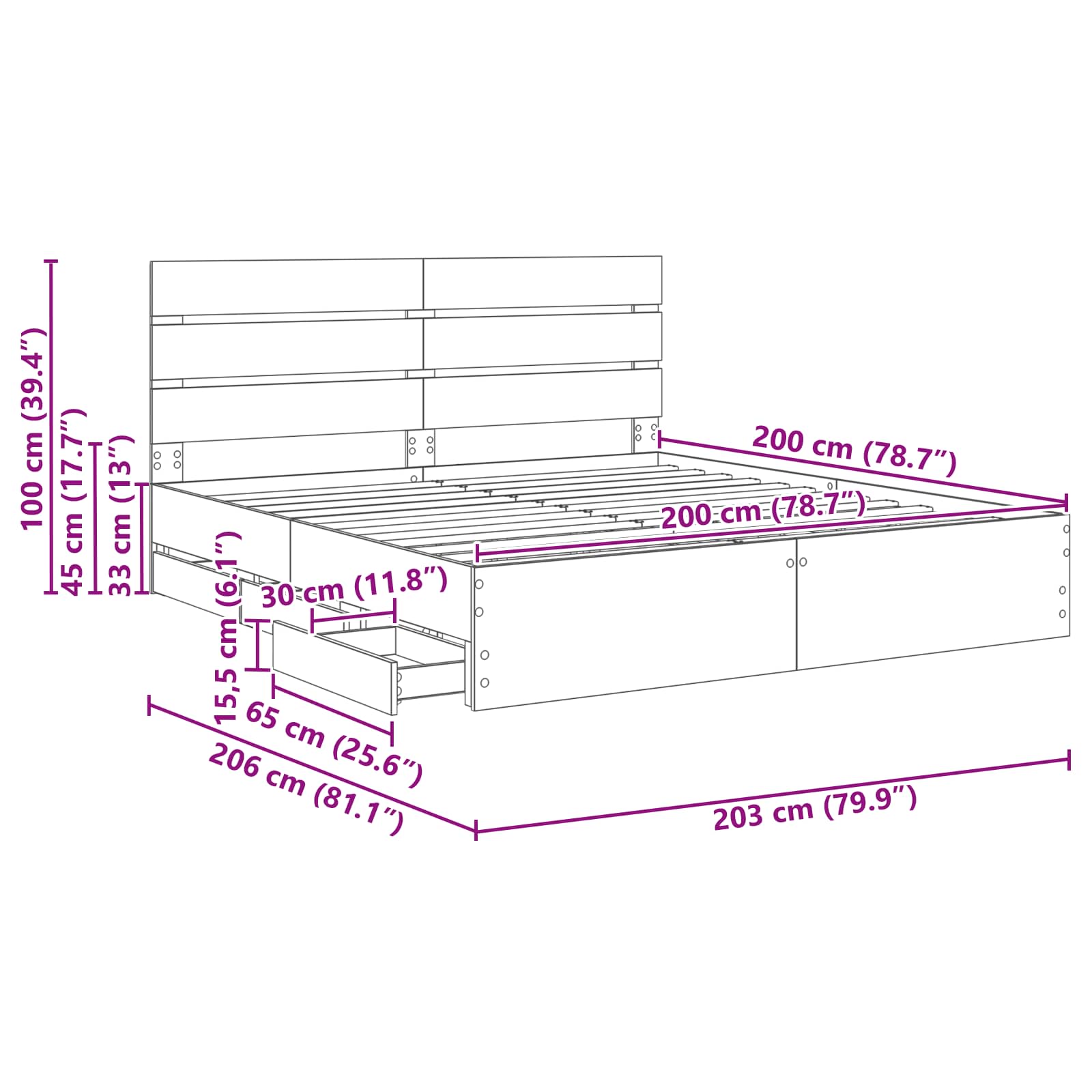 vidaXL Bedframe met lade met opslag Wit 200 x 200 cm Ingenieurshout