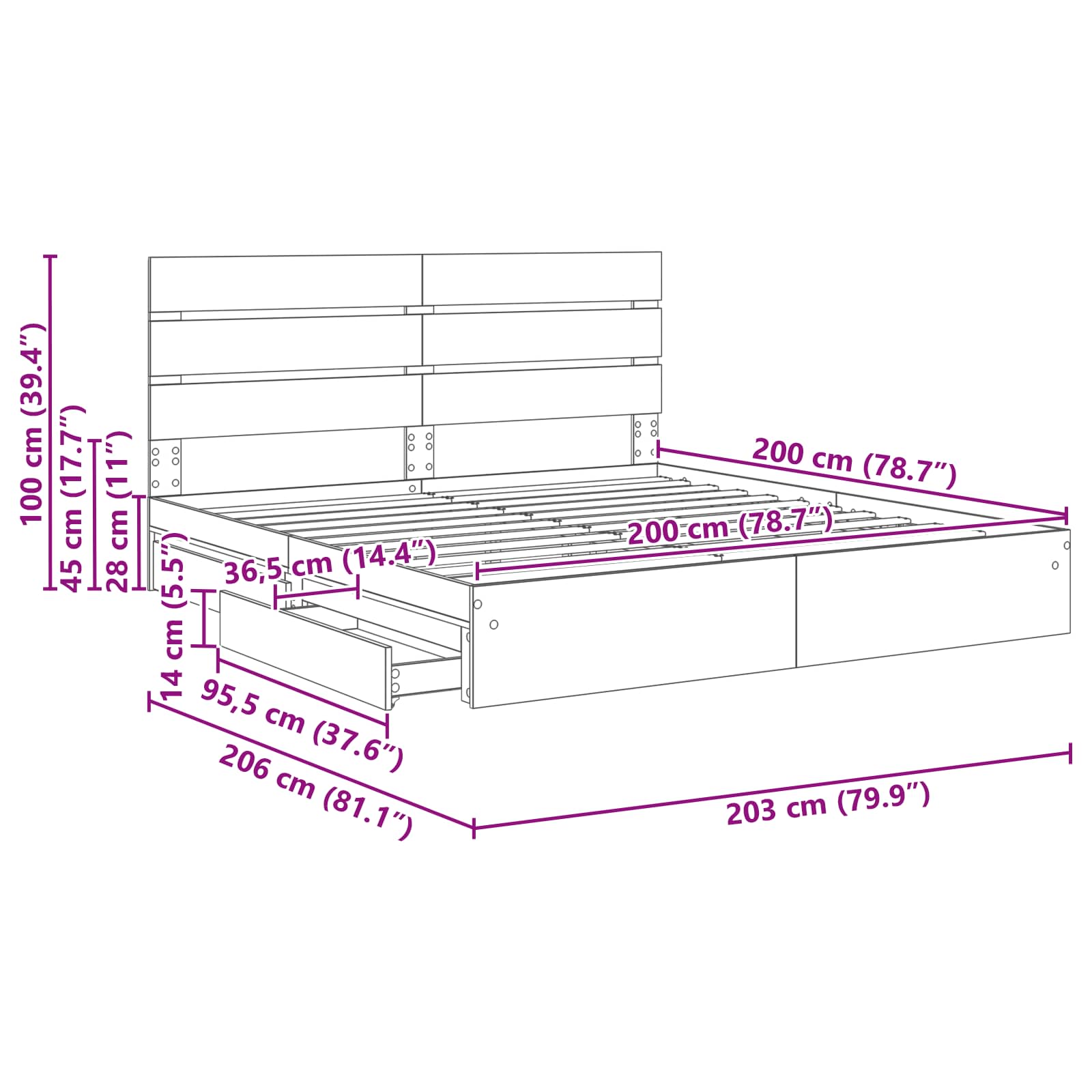 vidaXL Opslag bed met hoofdeinde Wit 200 x 200 cm Bewerkt hout