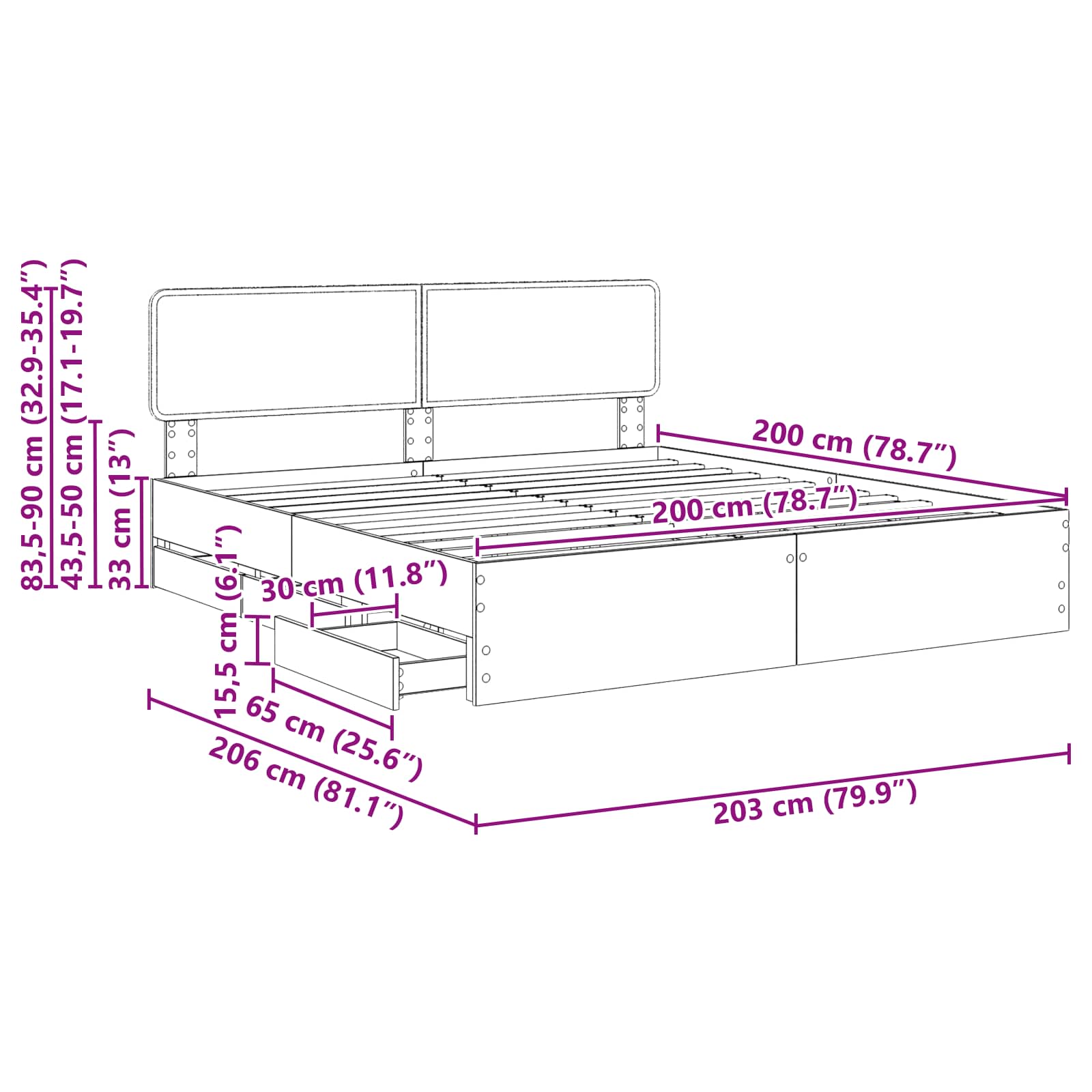 vidaXL Bedframe met lade met opslag Wit 200 x 200 cm Ingenieurshout