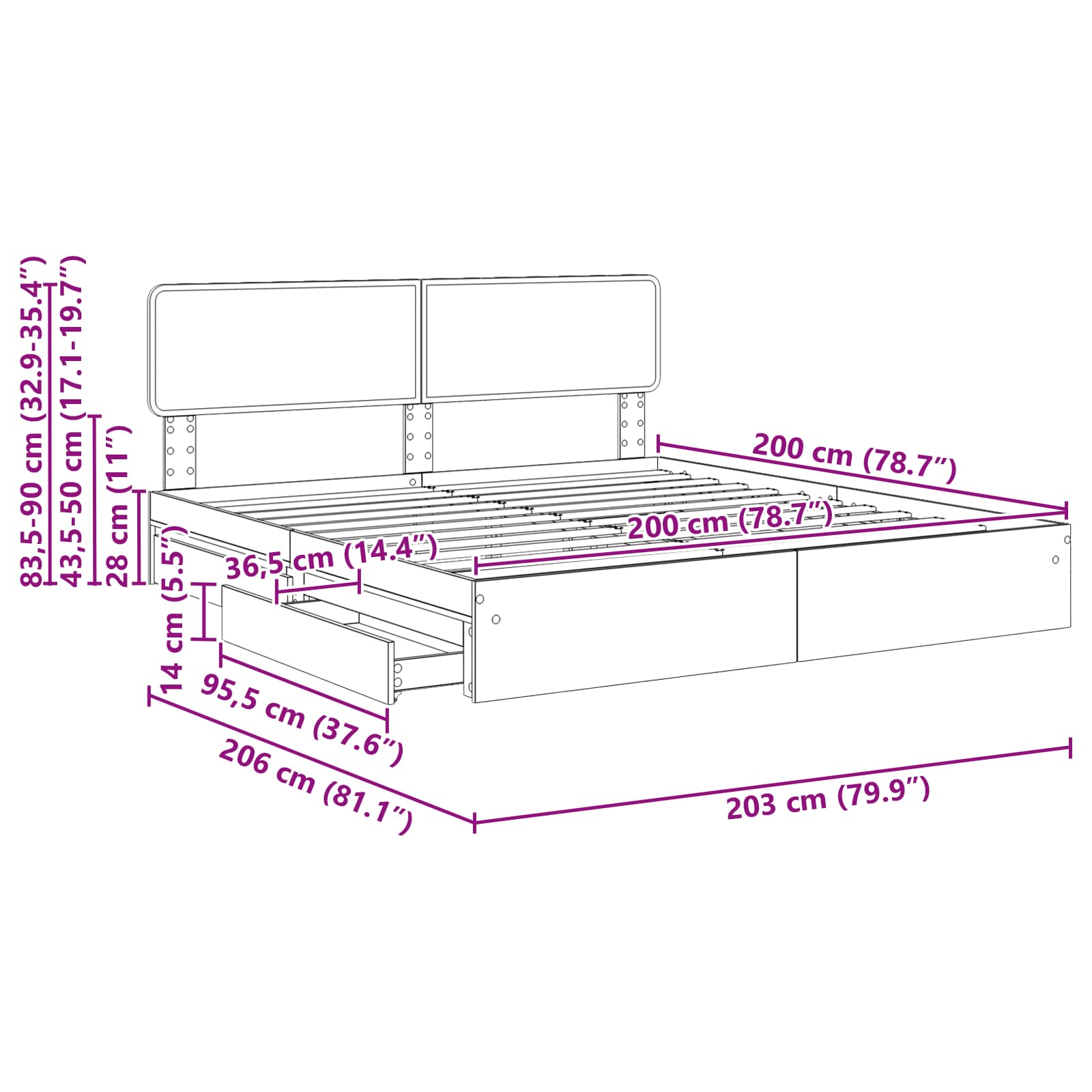 vidaXL Opslag bed met hoofdeinde Wit 200 x 200 cm Bewerkt hout