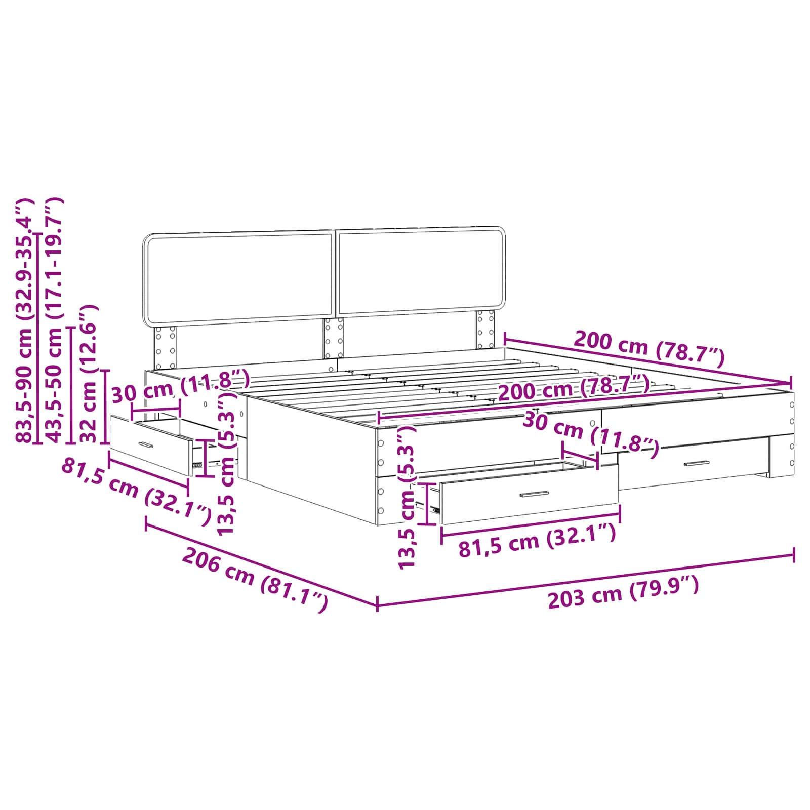 vidaXL Bedframe met lade met opslag Zwart 200 x 200 cm Bewerkt hout