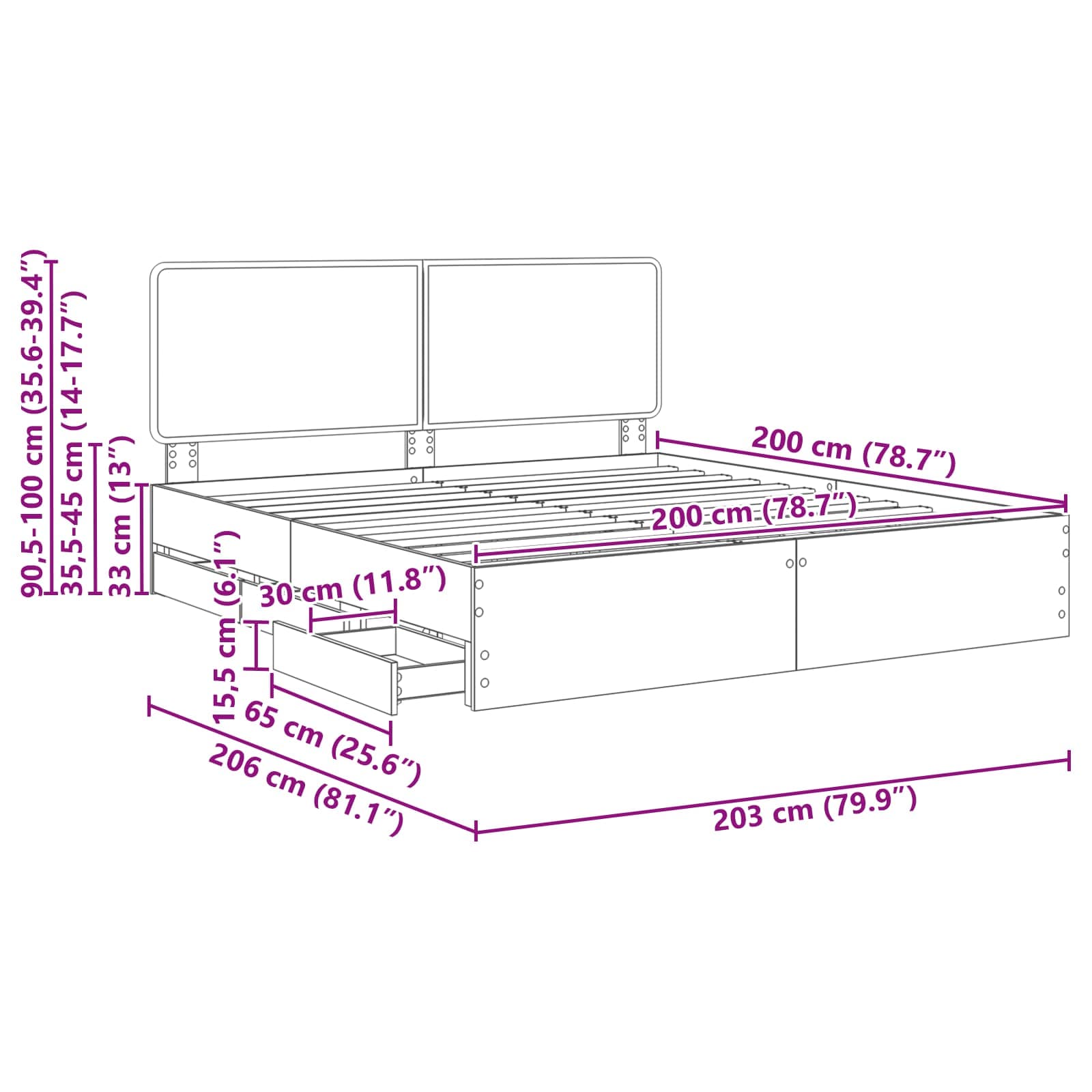 vidaXL Bedframe met lade met opslag Wit 200 x 200 cm Ingenieurshout