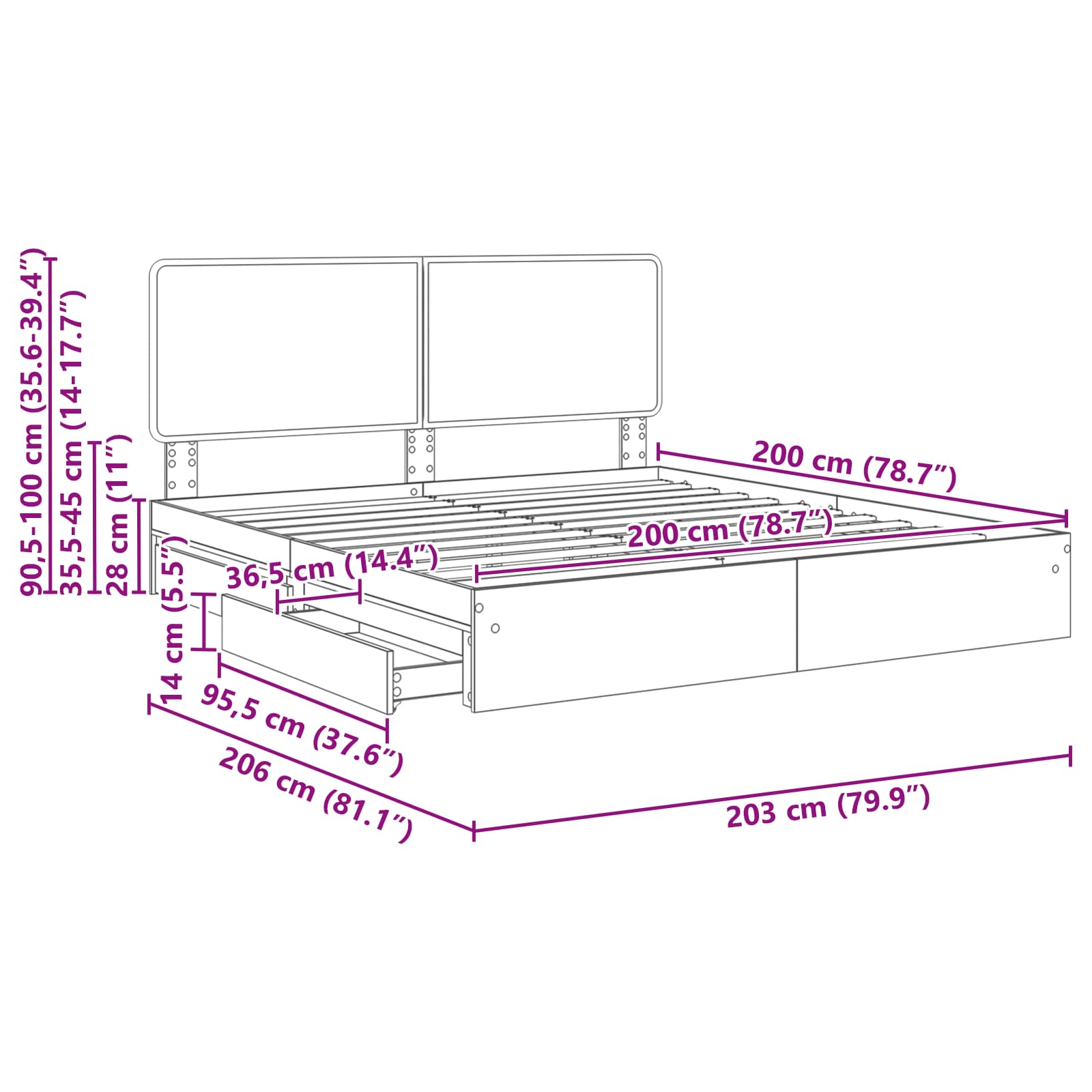 vidaXL Bedframe met lade met hoofdeinde Wit 200 x 200 cm Bewerkt hout