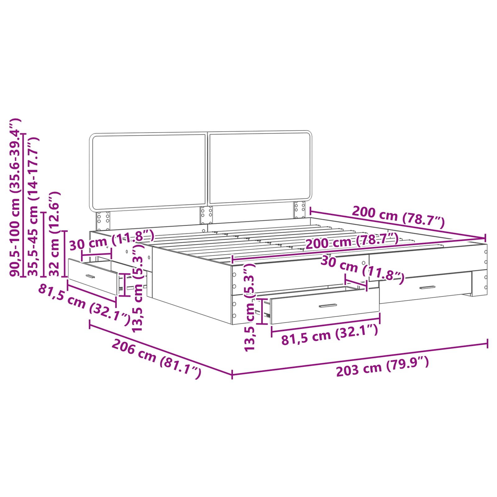 vidaXL Bedframe met hoofdeinde Zwart 200 x 200 cm Bewerkt hout