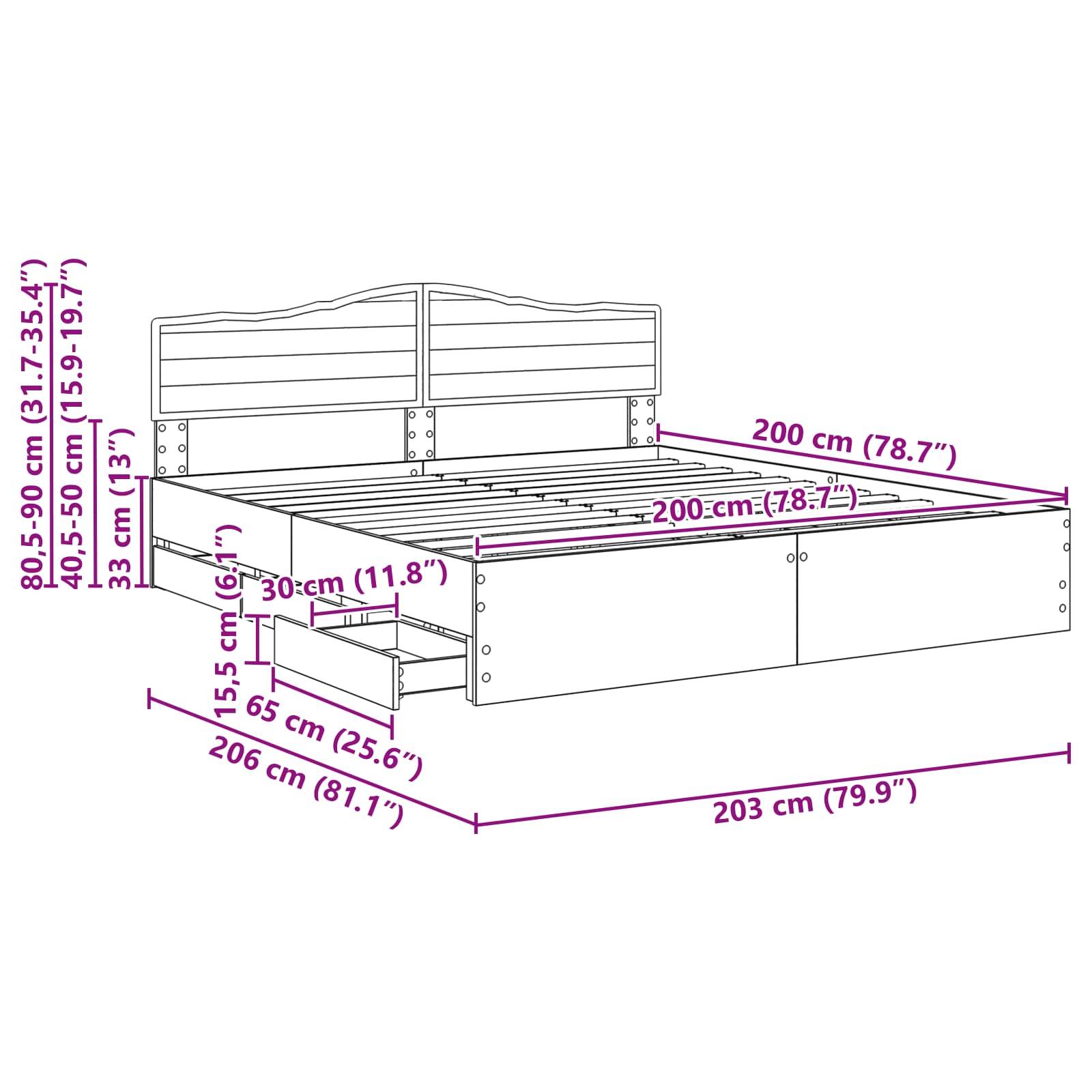vidaXL Bedframe met lade met opslag Wit 200 x 200 cm Ingenieurshout