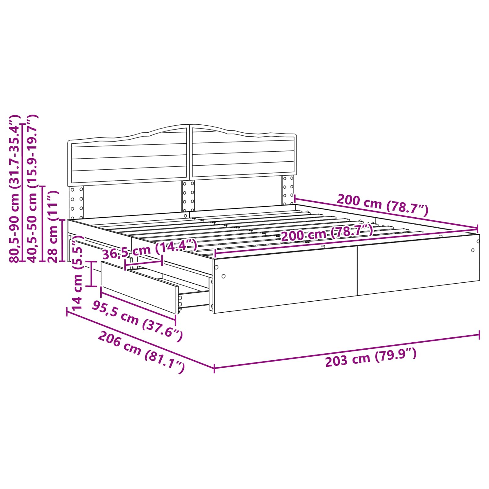 vidaXL Opslag bed met hoofdeinde Wit 200 x 200 cm Bewerkt hout