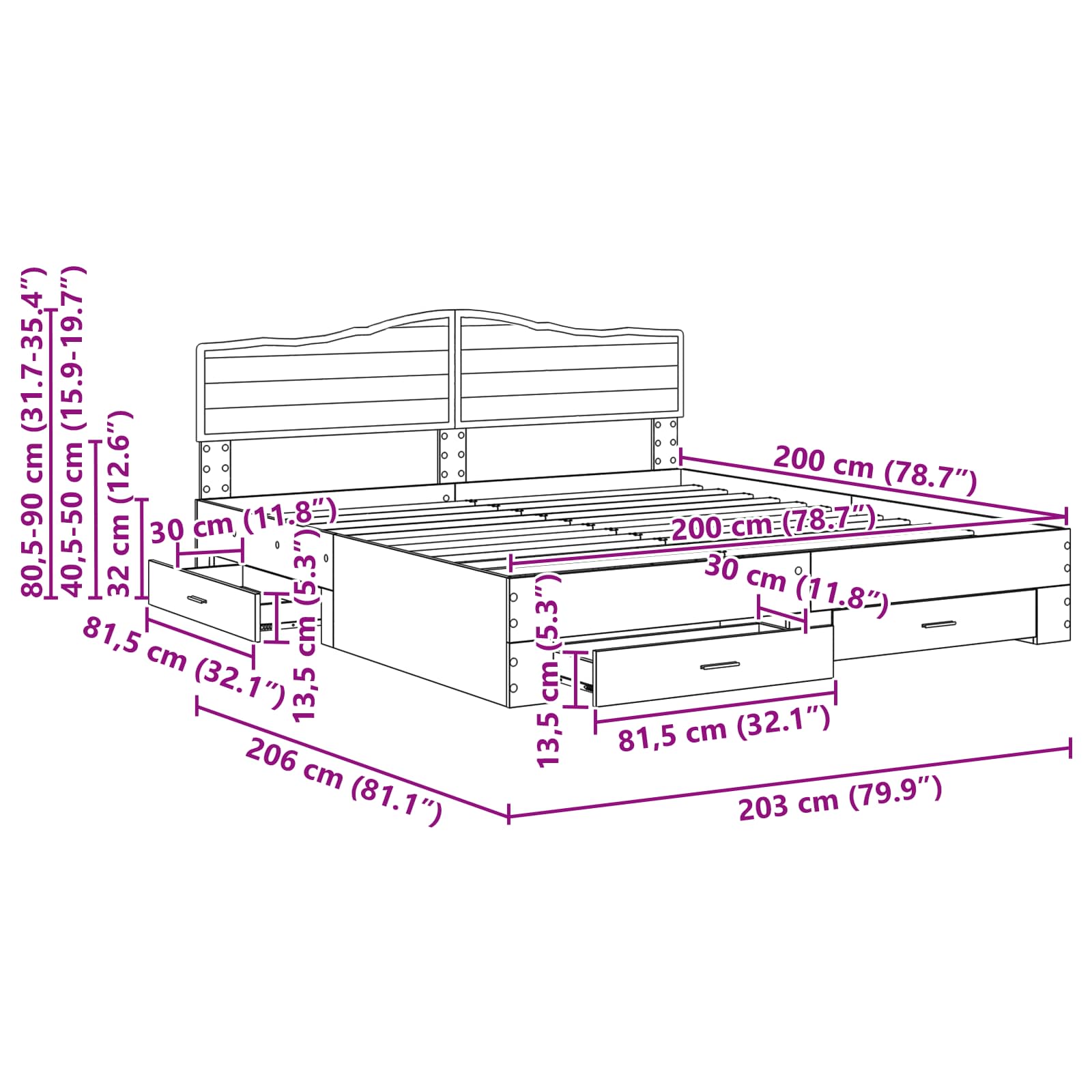 vidaXL Bedframe met lade met opslag Zwart 200 x 200 cm Bewerkt hout