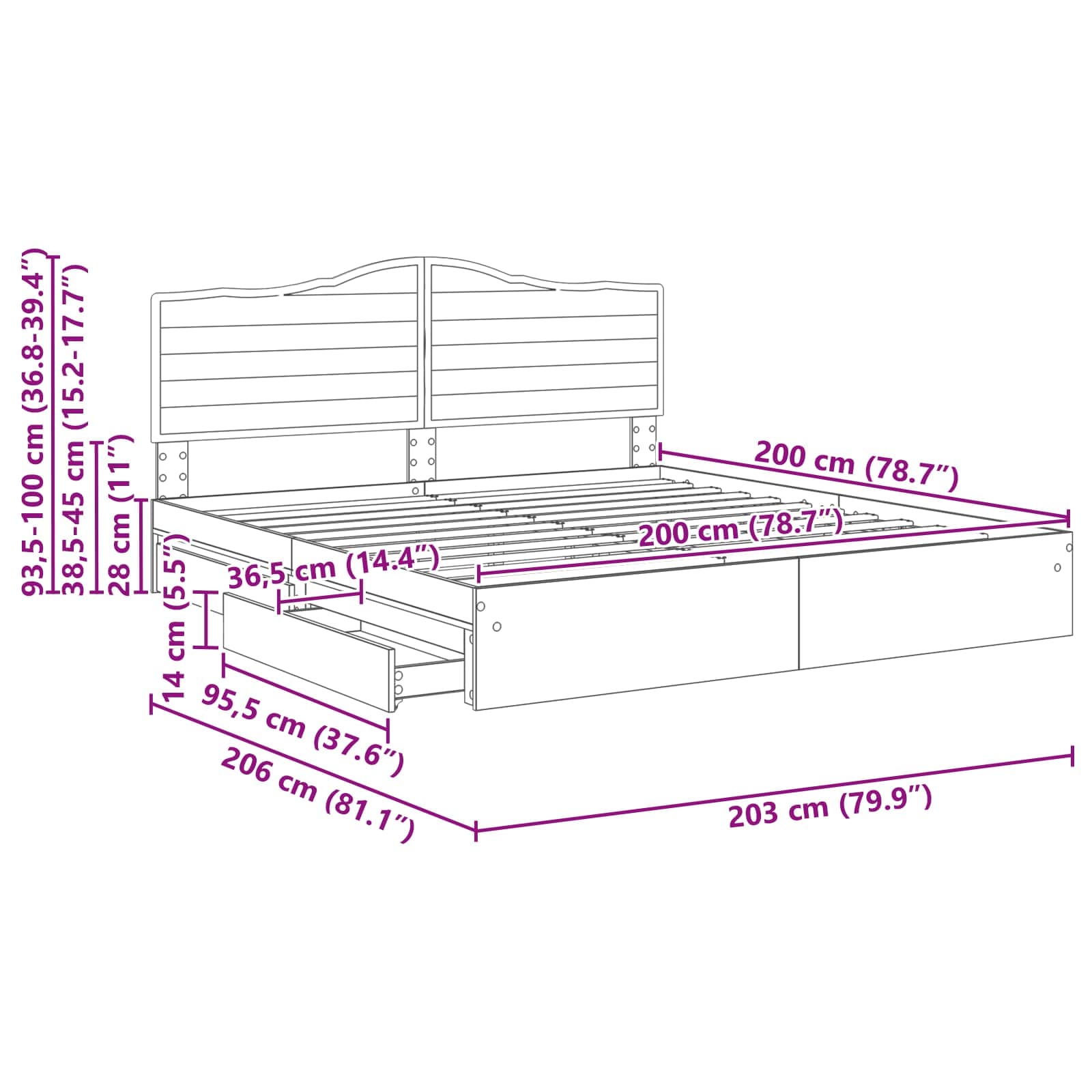vidaXL Bedframe met lade met hoofdeinde Wit 200 x 200 cm Bewerkt hout