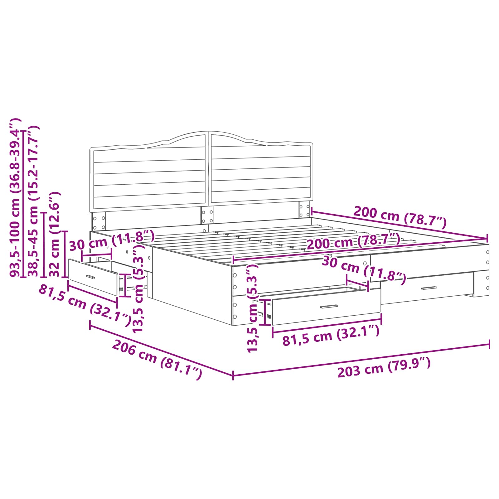 vidaXL Bedframe met hoofdeinde Zwart 200 x 200 cm Bewerkt hout