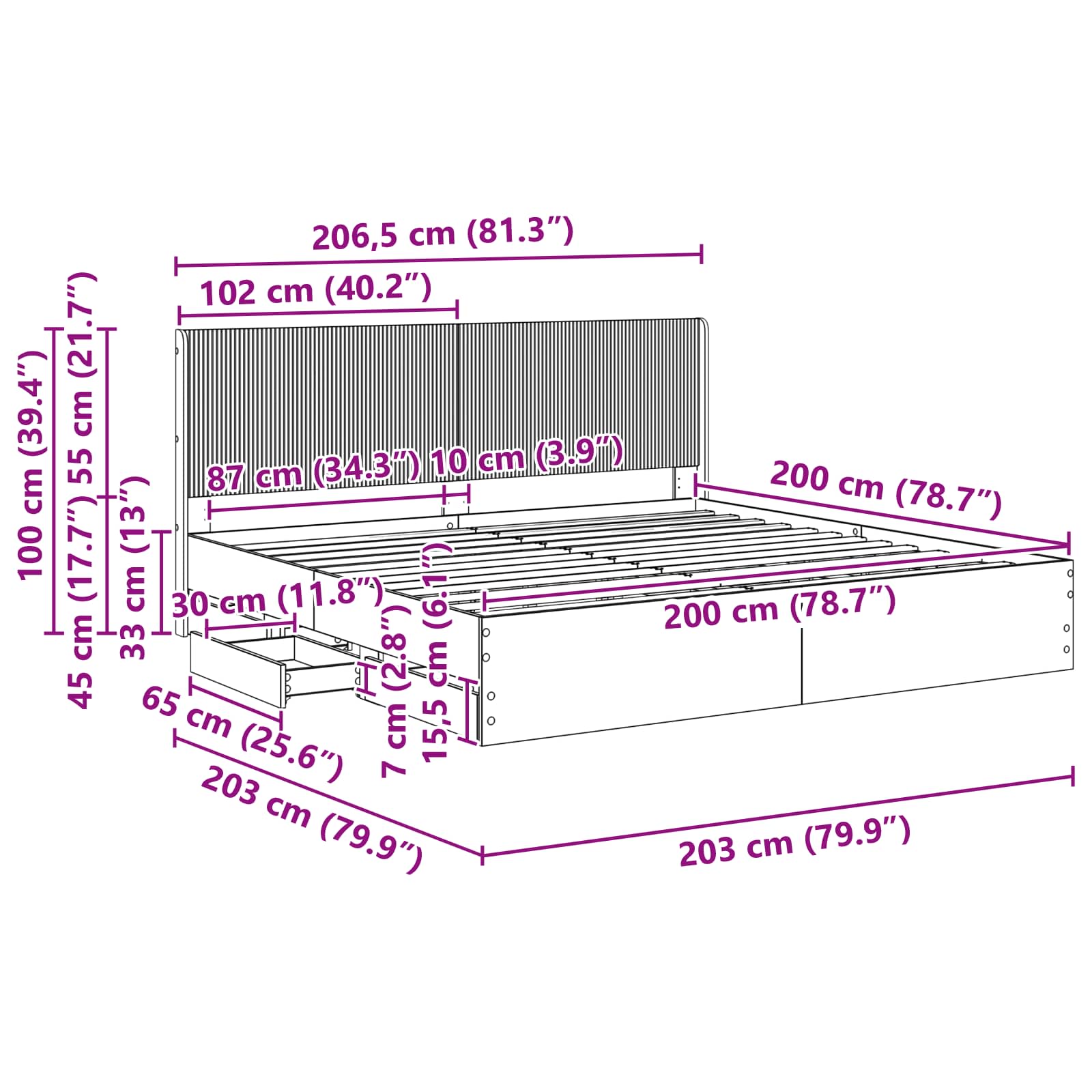 vidaXL Bedframe met opbergruimte en hoofdbord Wit 200 x 200 cm