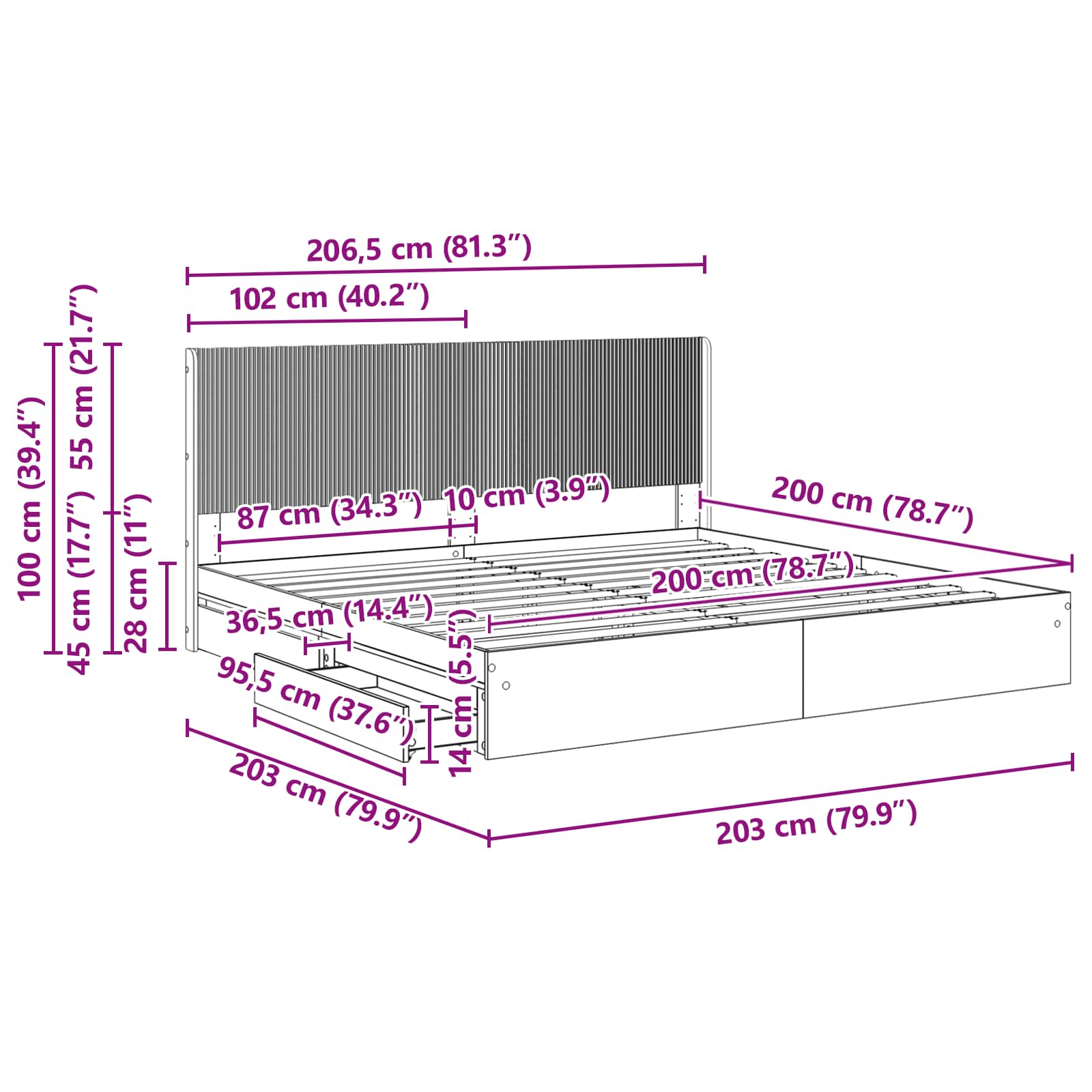 vidaXL Bedframe met opbergruimte en hoofdbord Wit 180 x 200 cm