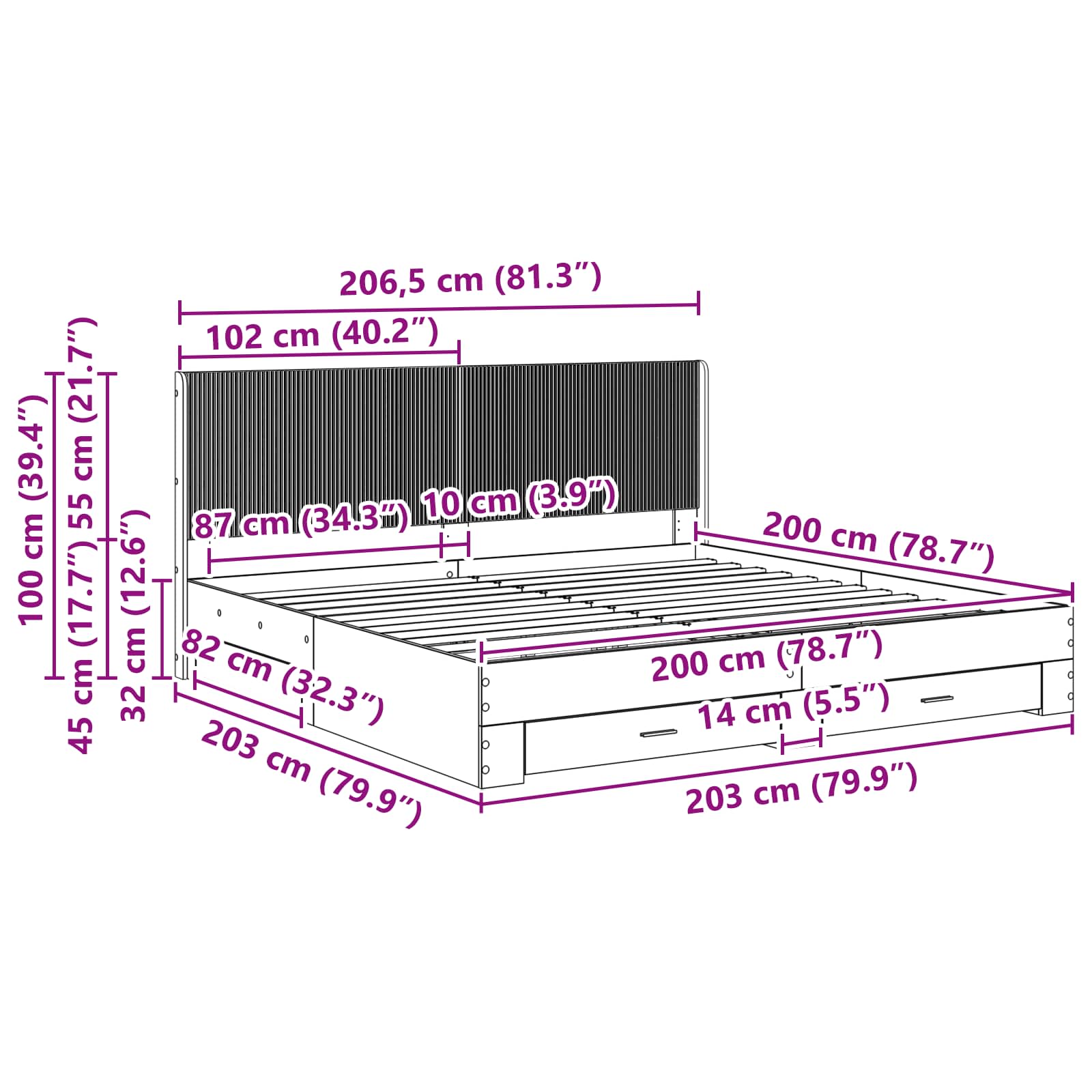 vidaXL Bedframe met opbergruimte en hoofdbord Betongrijs Bewerkt hout