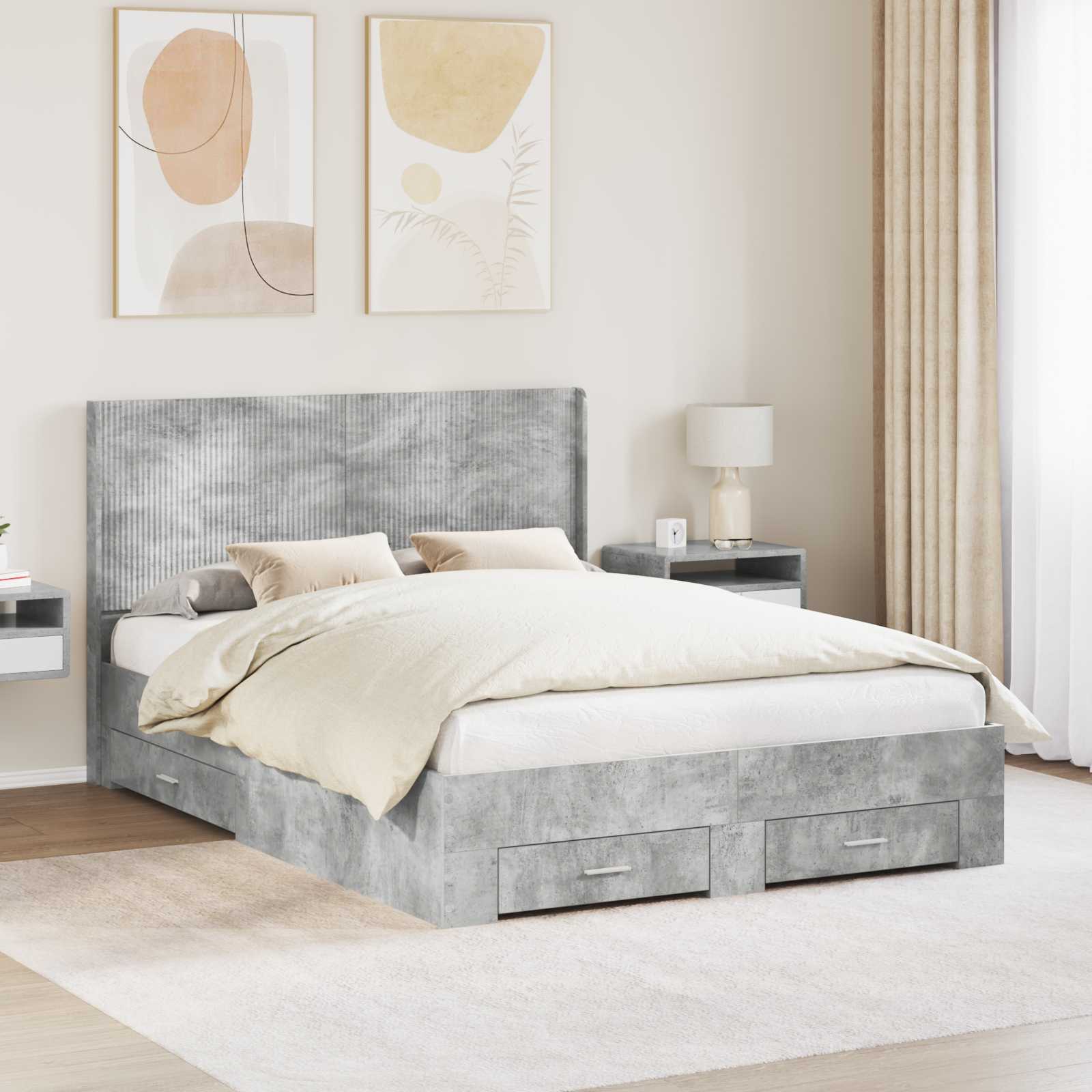 vidaXL Bedframe met opbergruimte en hoofdbord Betongrijs Bewerkt hout