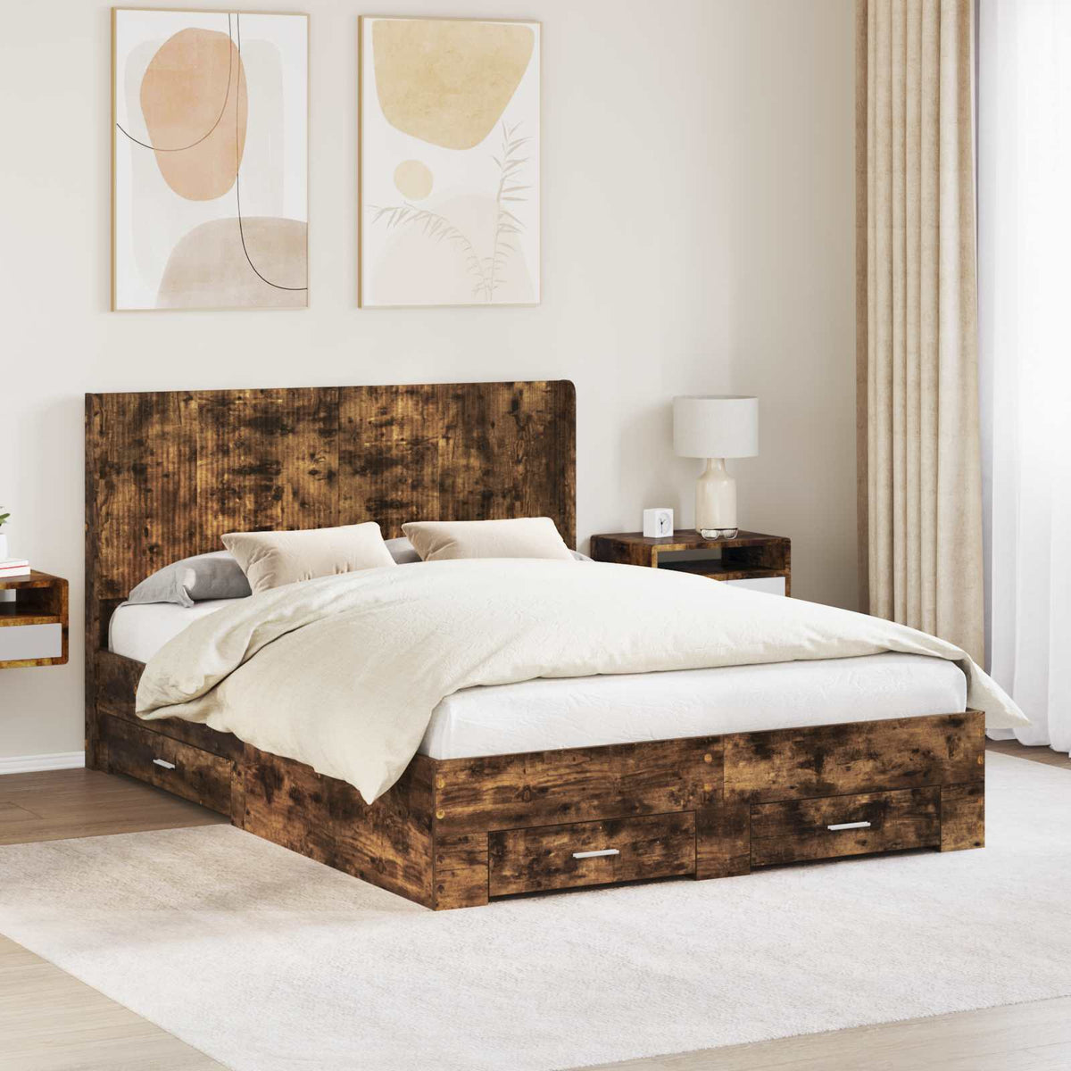 vidaXL Bedframe met opbergruimte en hoofdbord Betongrijs Bewerkt hout