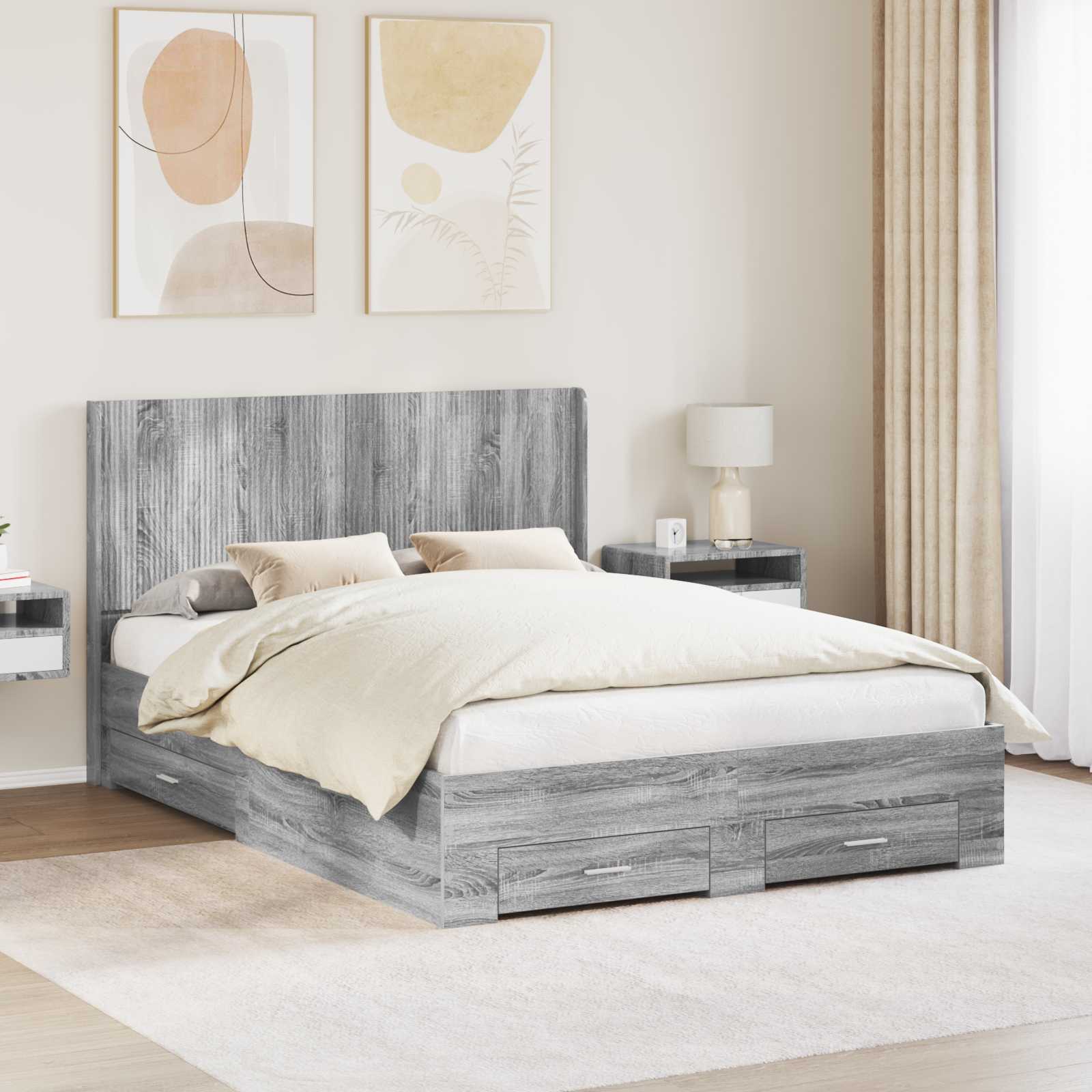 vidaXL Bedframe met opbergruimte en hoofdbord Betongrijs Bewerkt hout