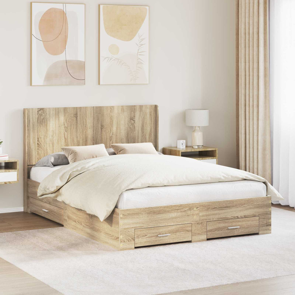vidaXL Bedframe met opbergruimte en hoofdbord Betongrijs Bewerkt hout