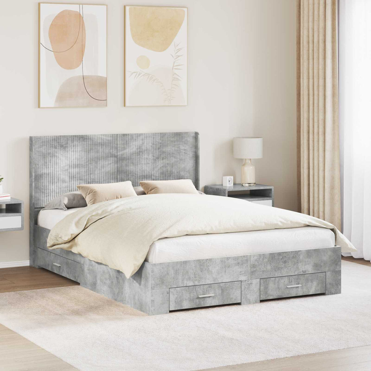 vidaXL Bedframe met opbergruimte en hoofdbord Betongrijs Bewerkt hout