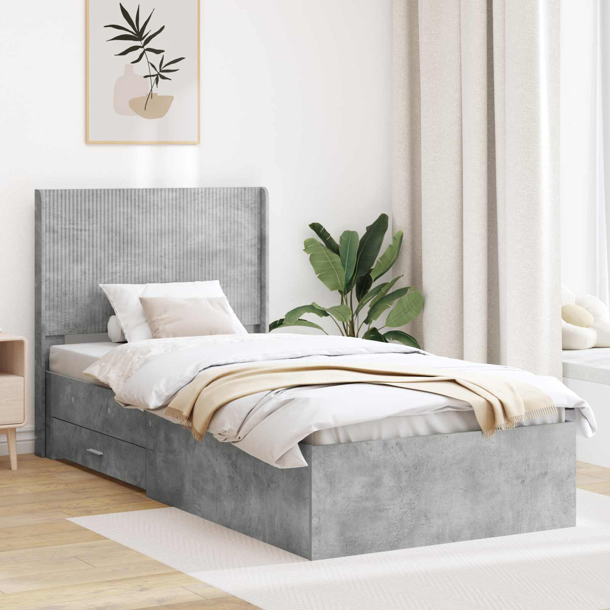 vidaXL Bedframe met opbergruimte en hoofdbord Betongrijs Bewerkt hout