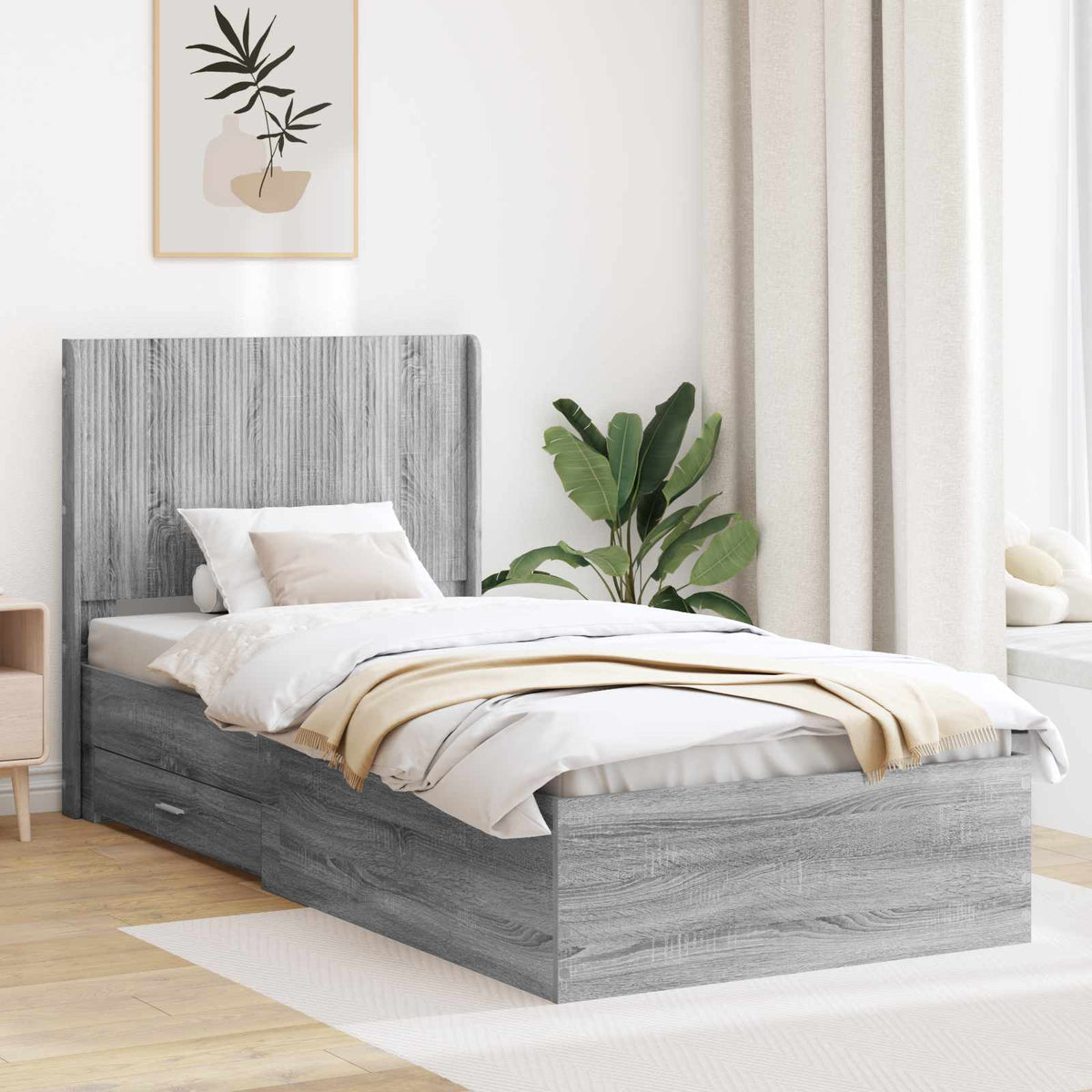 vidaXL Bedframe met opbergruimte en hoofdbord Betongrijs Bewerkt hout