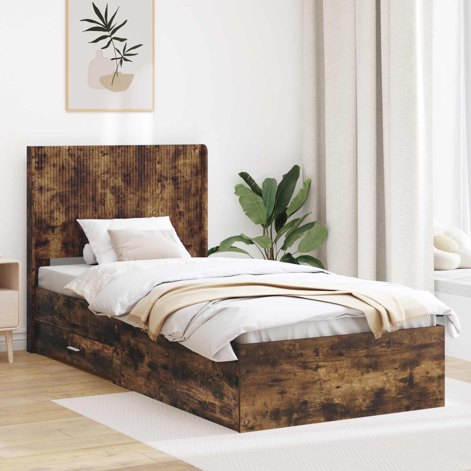 vidaXL Bedframe met opbergruimte en hoofdbord Betongrijs Bewerkt hout