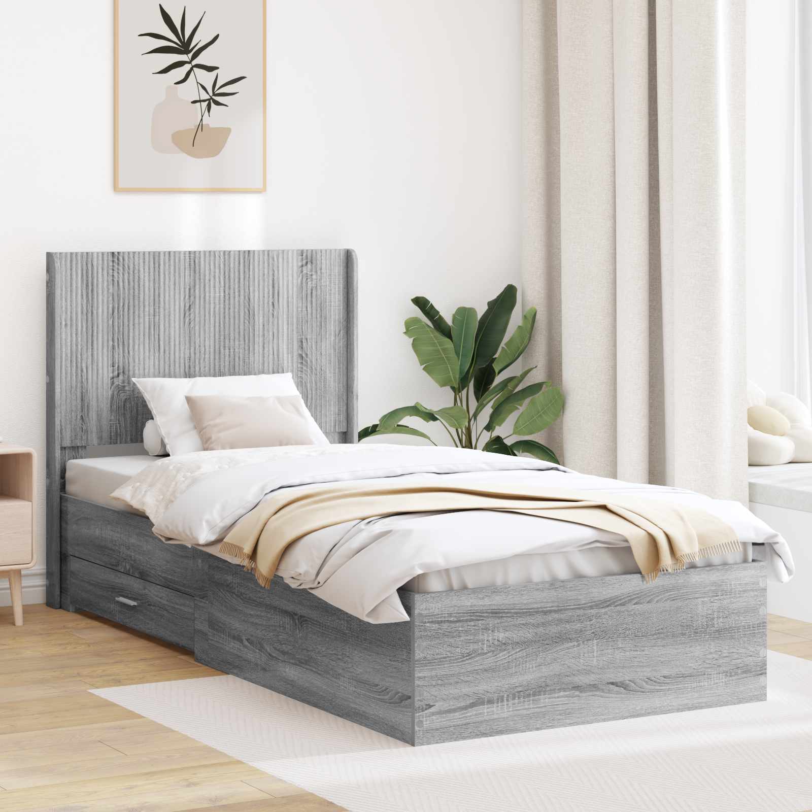 vidaXL Bedframe met opbergruimte en hoofdbord Betongrijs Bewerkt hout