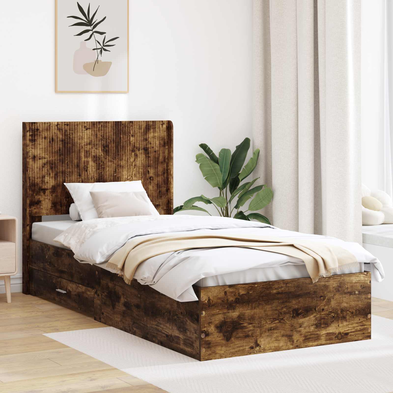 vidaXL Bedframe met opbergruimte en hoofdbord Betongrijs Bewerkt hout