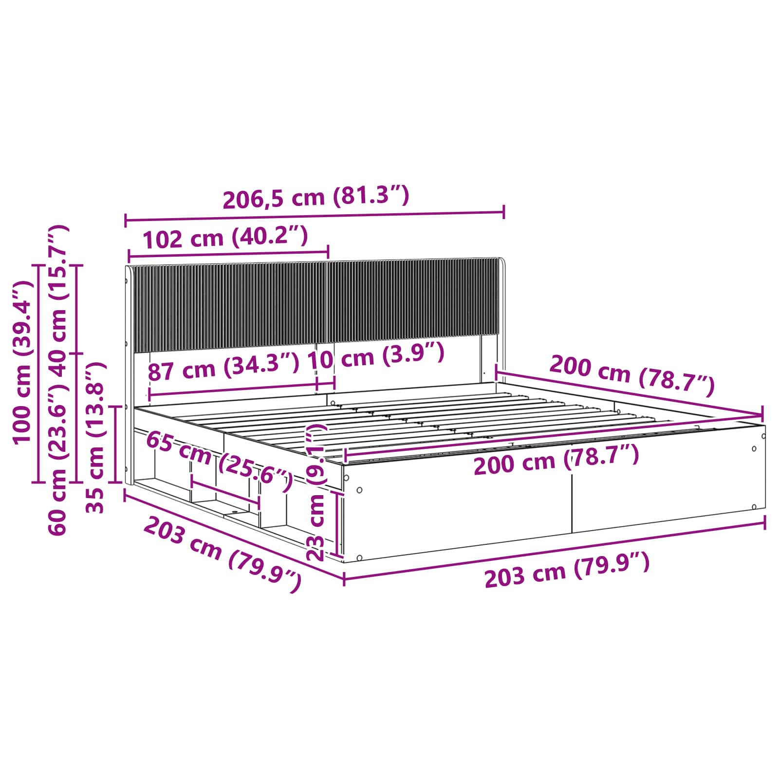 vidaXL Bedframe met opbergruimte en hoofdbord Wit 200 x 200 cm