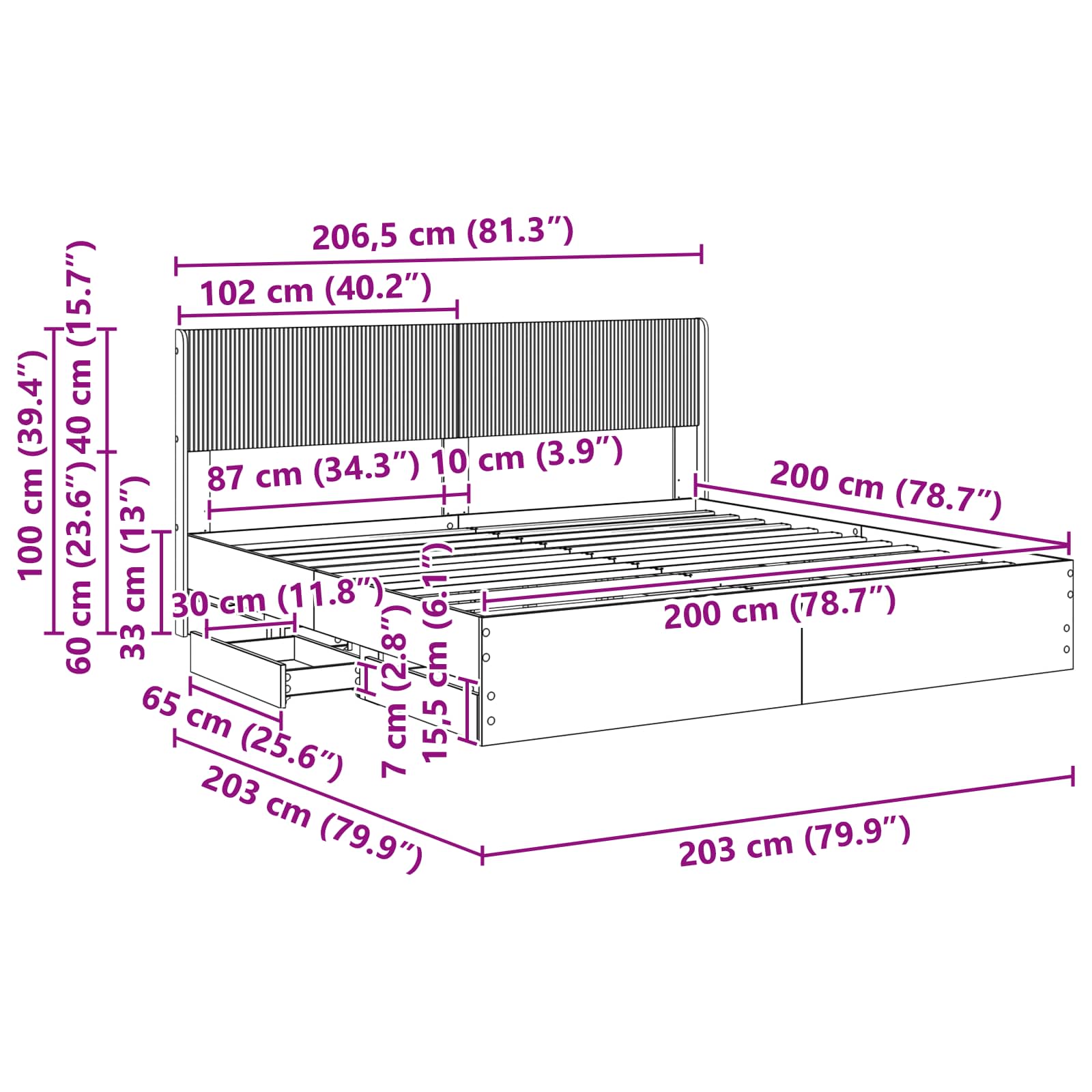 vidaXL Bedframe met opbergruimte en hoofdbord Wit 200 x 200 cm