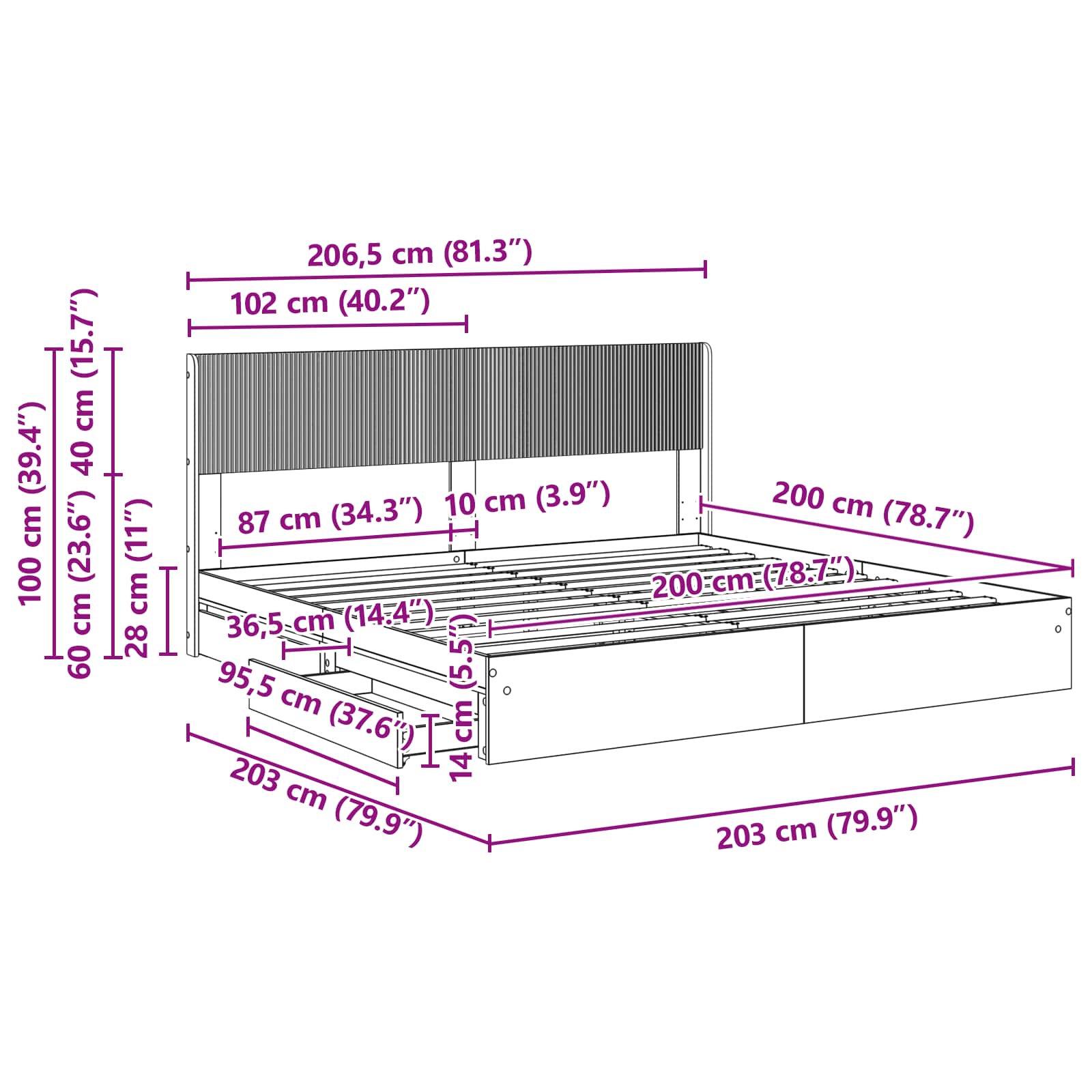 vidaXL Bedframe met opbergruimte en hoofdbord Wit 180 x 200 cm