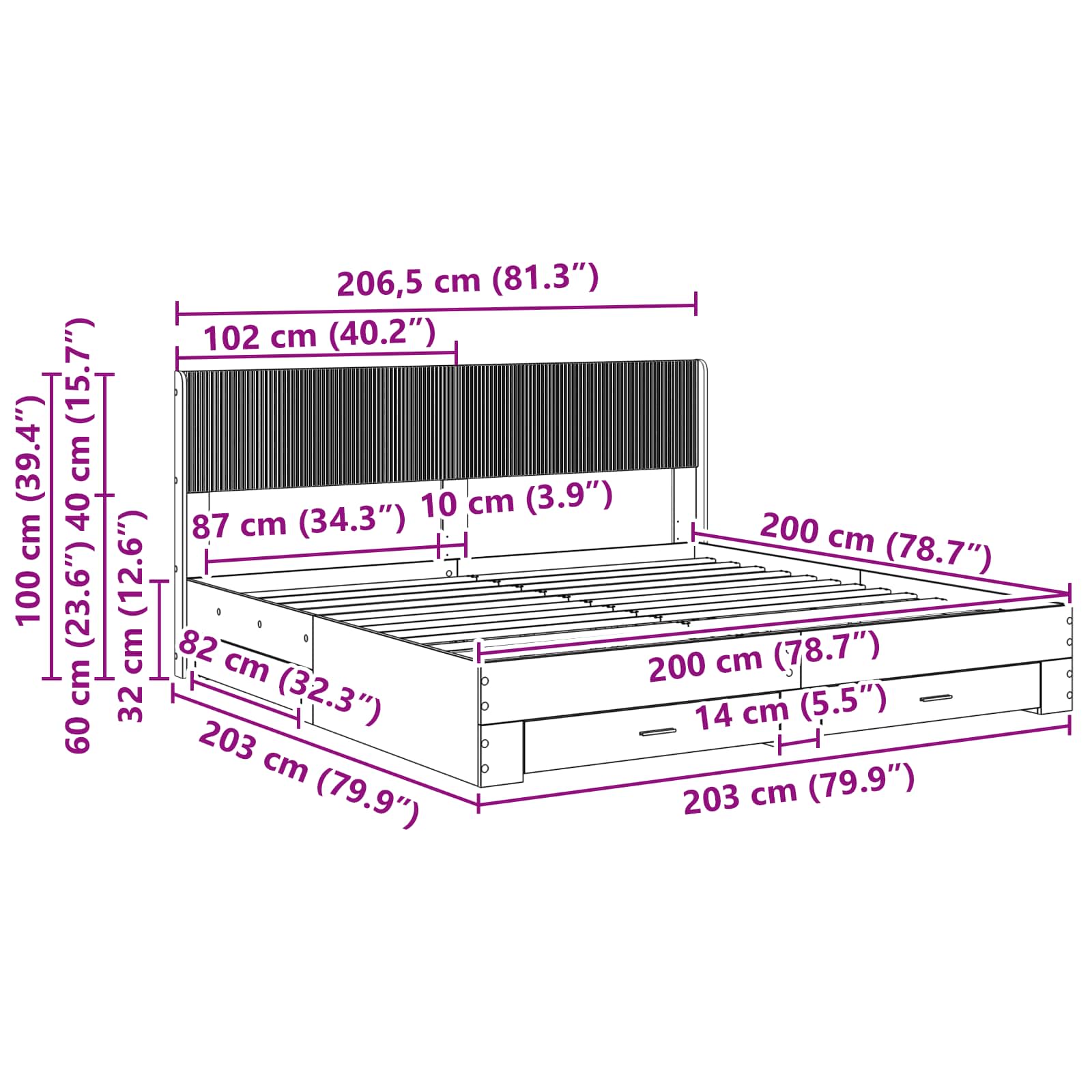 vidaXL Bedframe met opbergruimte en hoofdbord Zwart 200 x 200 cm