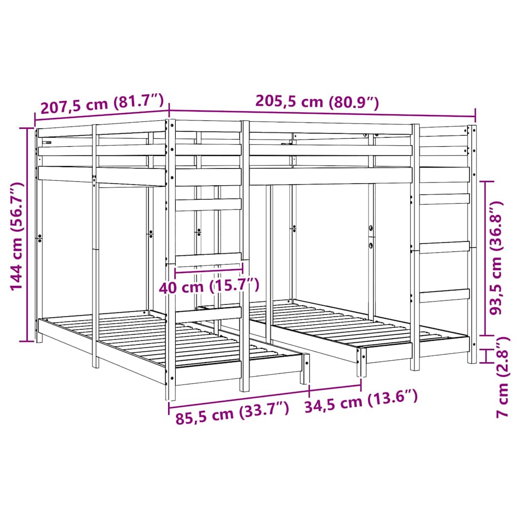vidaXL Drie-hoog Bunk Bed Frame Naturel 80 / 200 x 200 cm