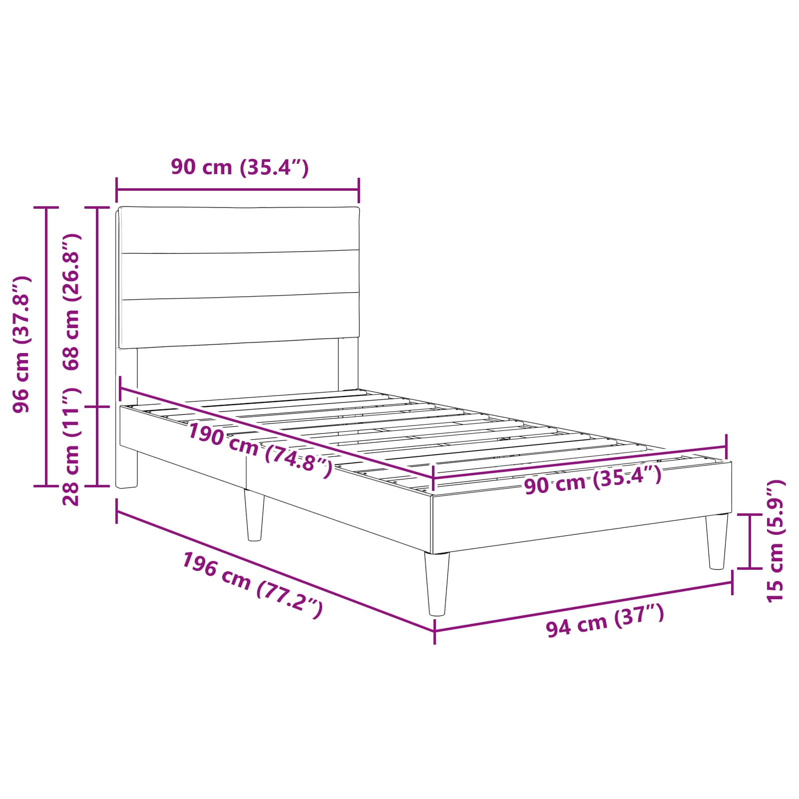 vidaXL Bedframe met hoofdeinde Donkergrijs 90 x 190 cm Stof