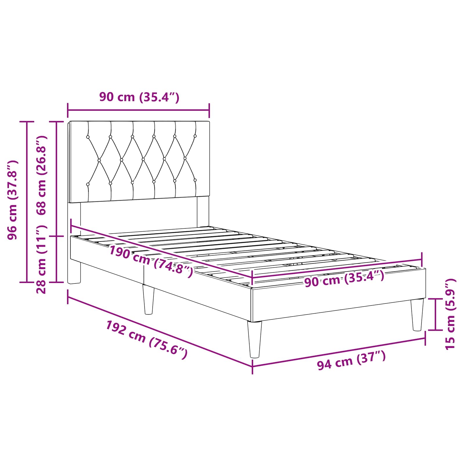 vidaXL Bedframe met hoofdeinde Donkergrijs 90 x 190 cm Fluweel