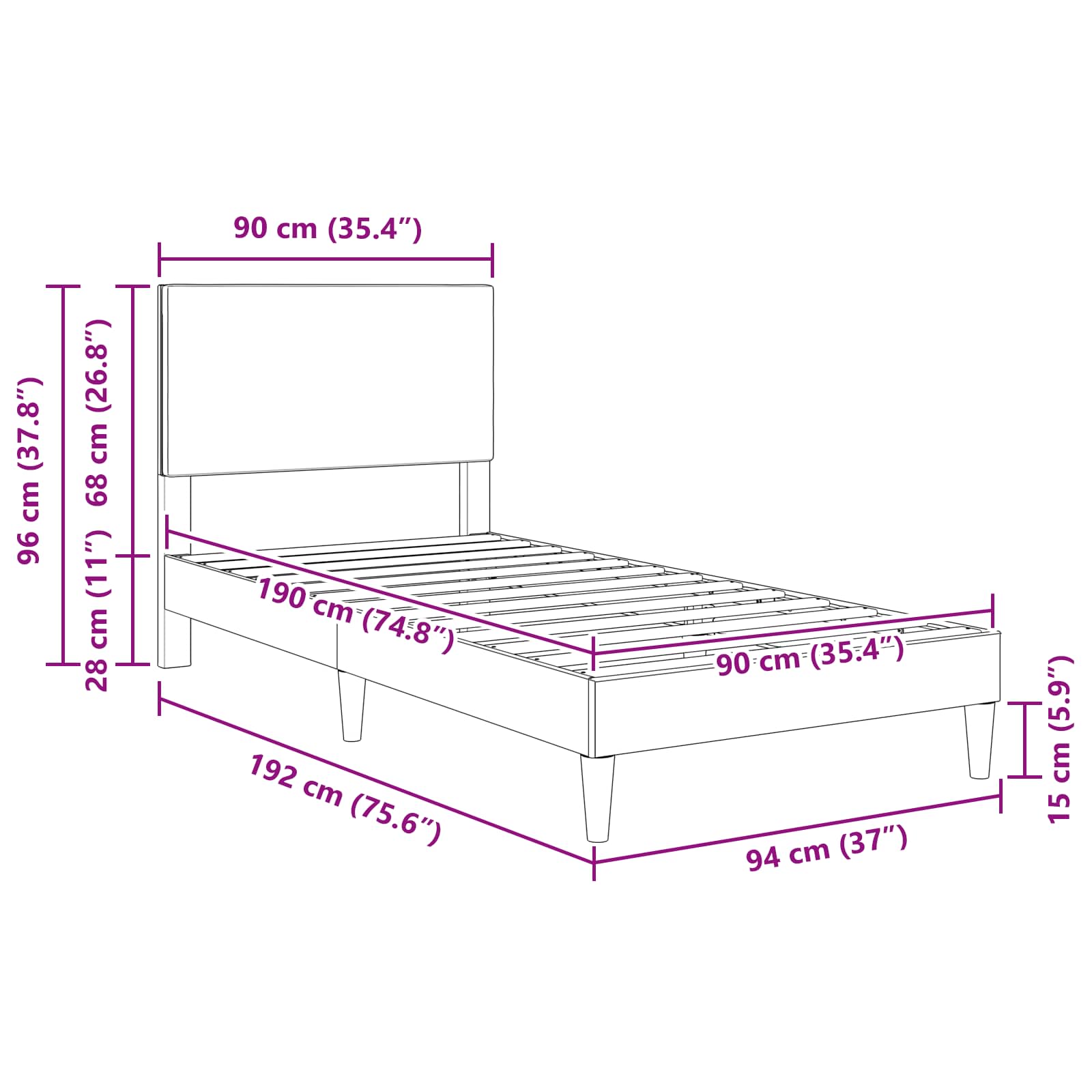 vidaXL Bedframe met hoofdeinde Donkergrijs 90 x 190 cm Katoen Stof